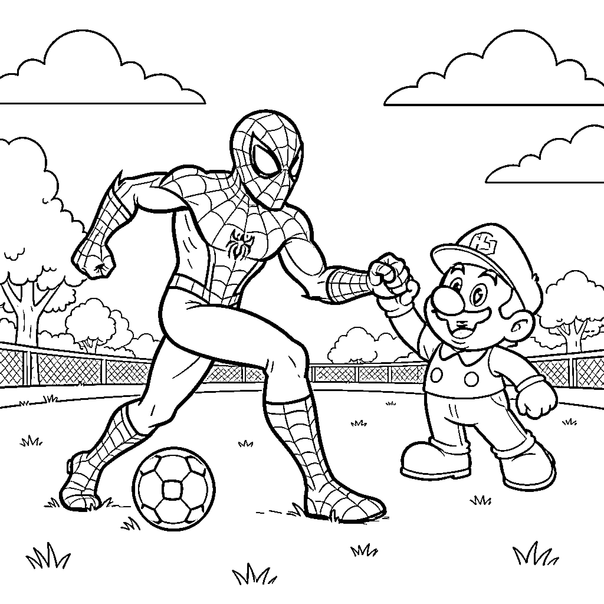 Spider-Man playing soccer with Mario Coloring Page (free black-and-white line drawing printable PDF for all, from beginners to advanced learners, including children, teens, adults, and seniors)