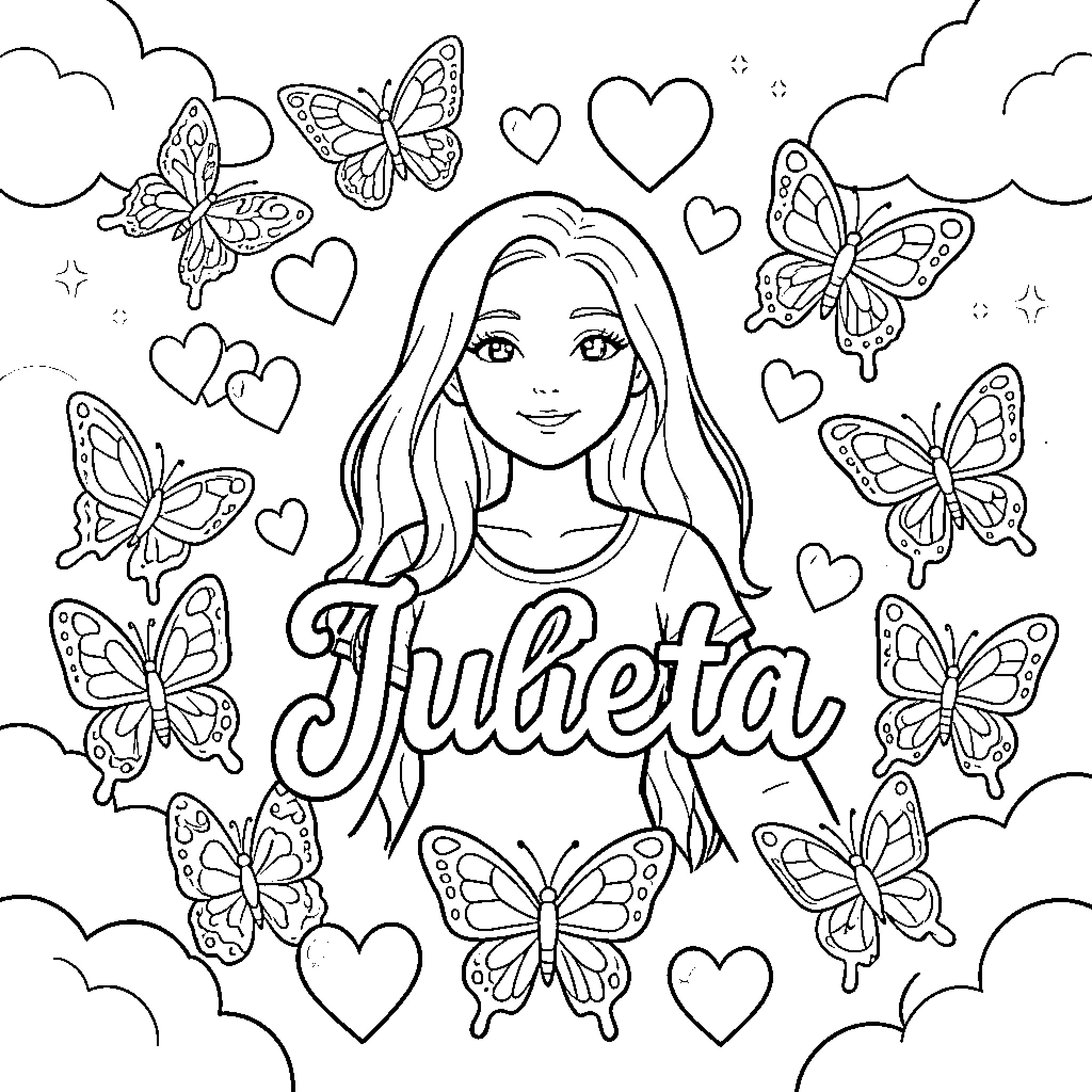 Julieta surrounded by butterflies and hearts Coloring Page (free black-and-white line drawing printable PDF for all, from beginners to advanced learners, including children, teens, adults, and seniors)