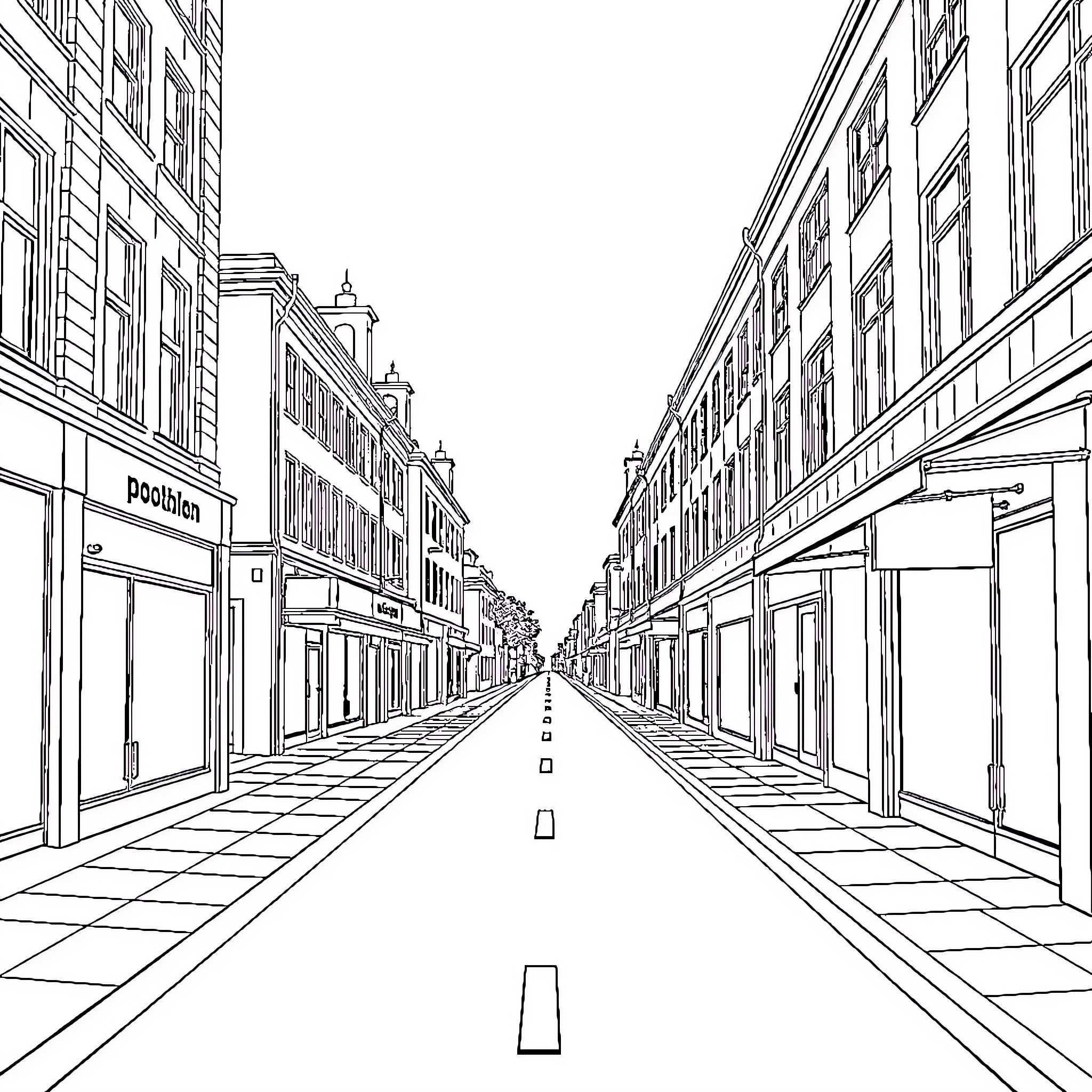 City street with shops and buildings Coloring Page (free black-and-white line drawing printable PDF for all, from beginners to advanced learners, including children, teens, adults, and seniors)