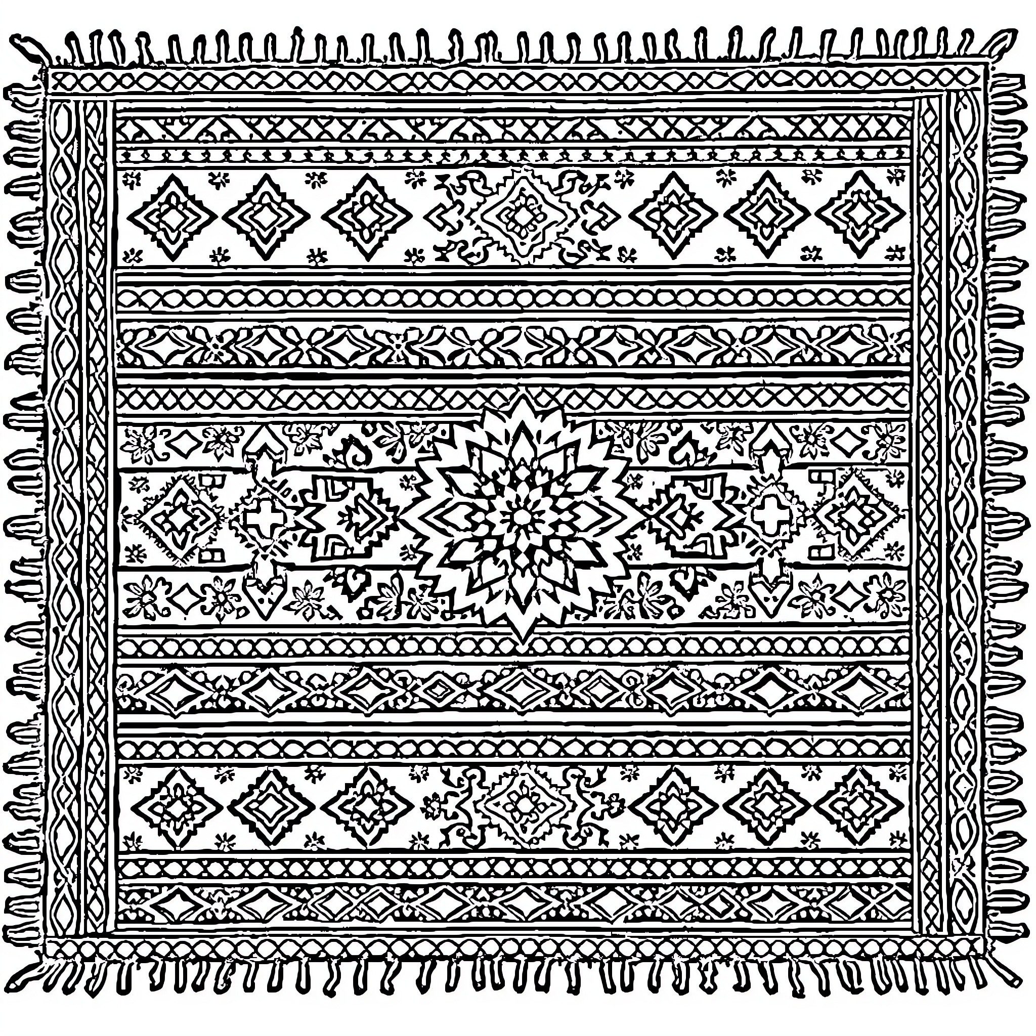 Berber Carpet with Intricate Geometric Patterns Coloring Page (free black-and-white line drawing printable PDF for all, from beginners to advanced learners, including children, teens, adults, and seniors)
