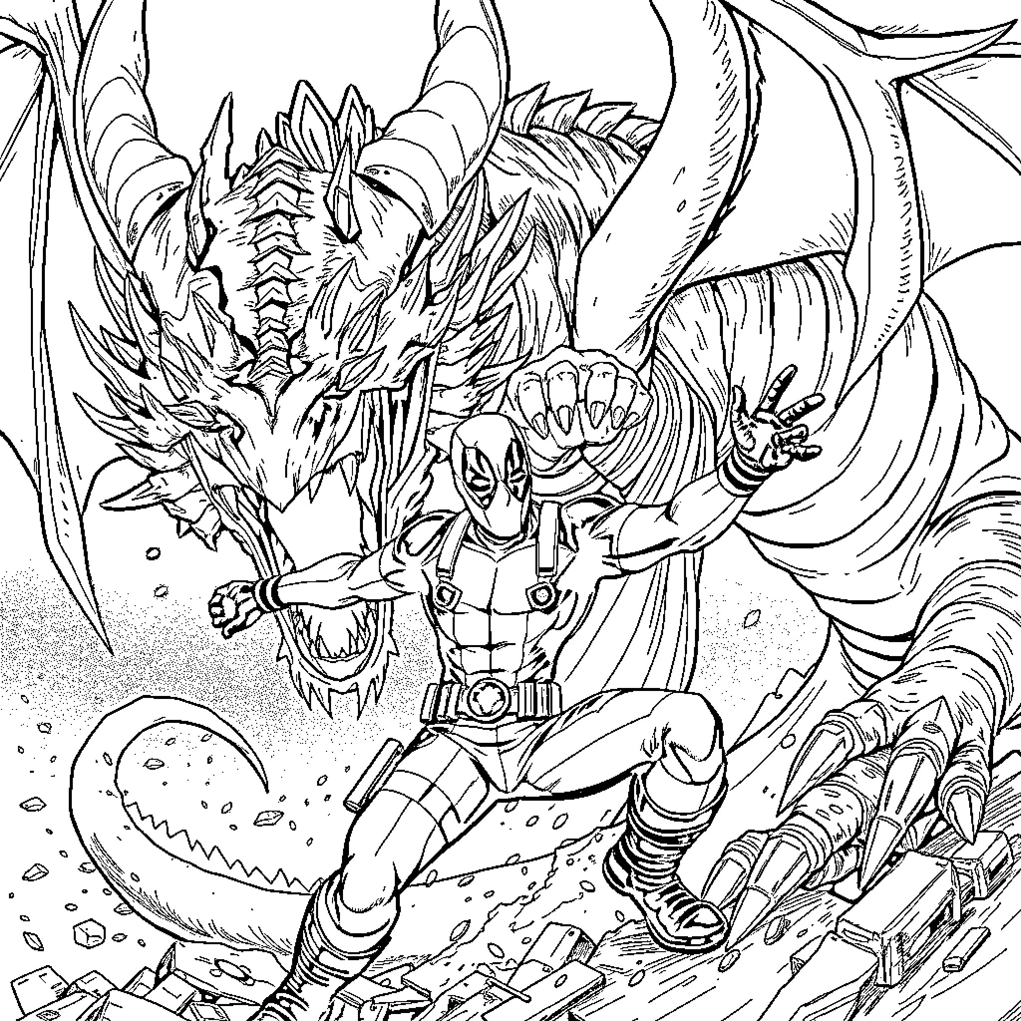 Deadpool battling a fearsome dragon creature Coloring Page (free black-and-white line drawing printable PDF for all, from beginners to advanced learners, including children, teens, adults, and seniors)