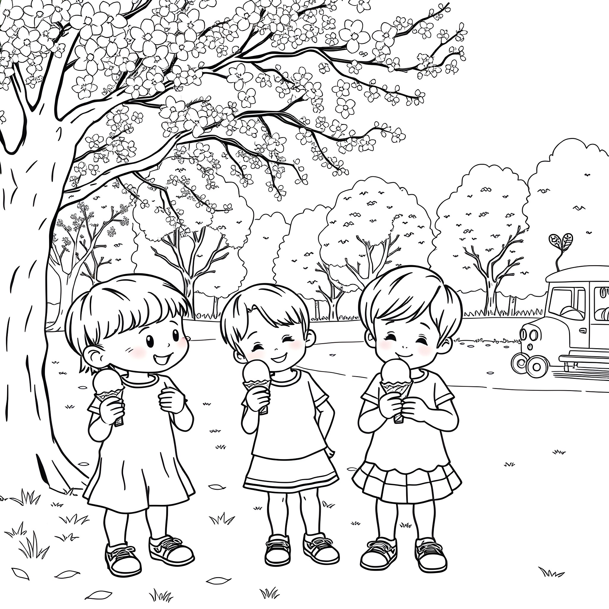Ice Cream Treats on a Spring Day Coloring Page (free black-and-white line drawing printable PDF for all, from beginners to advanced learners, including children, teens, adults, and seniors)