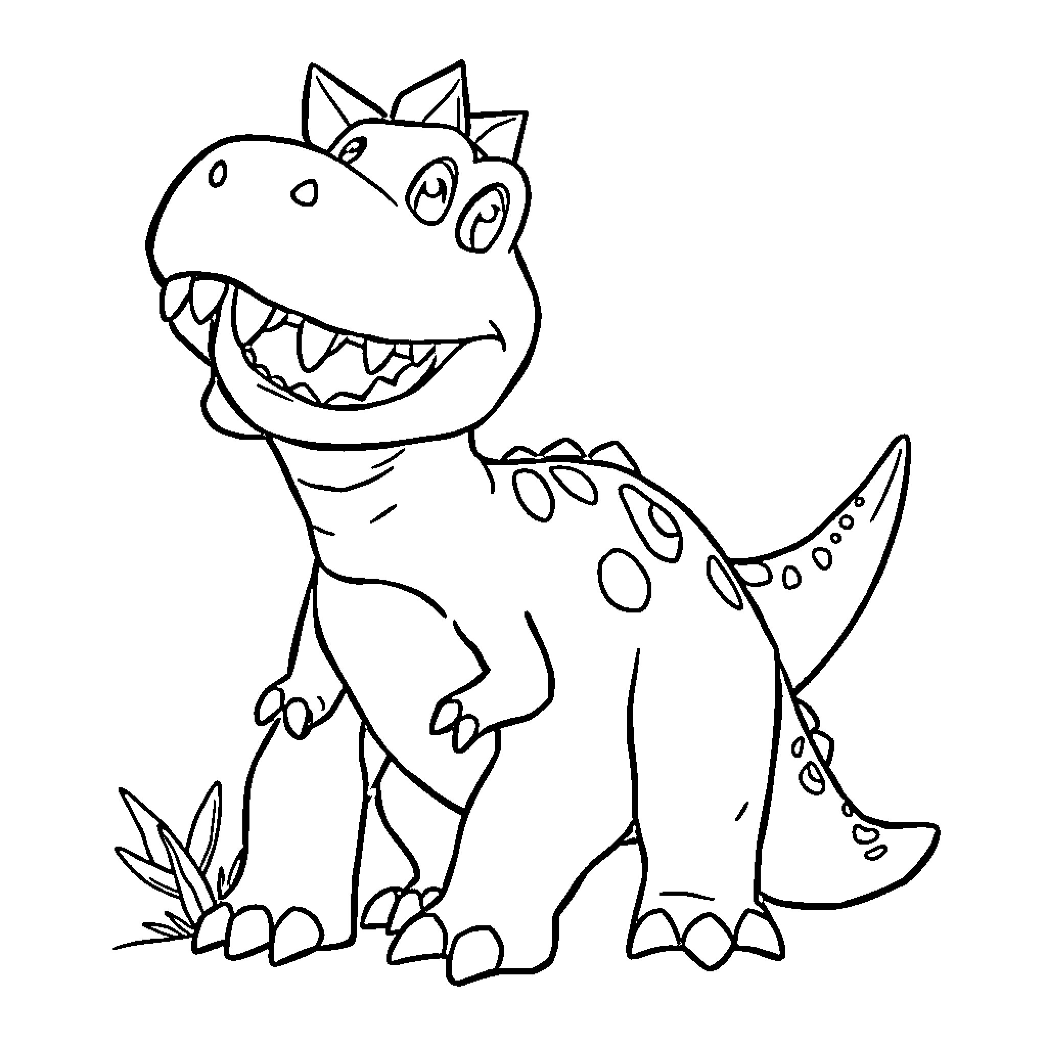 Dino stomping happily in the meadow Coloring Page (free black-and-white line drawing printable PDF for all, from beginners to advanced learners, including children, teens, adults, and seniors)