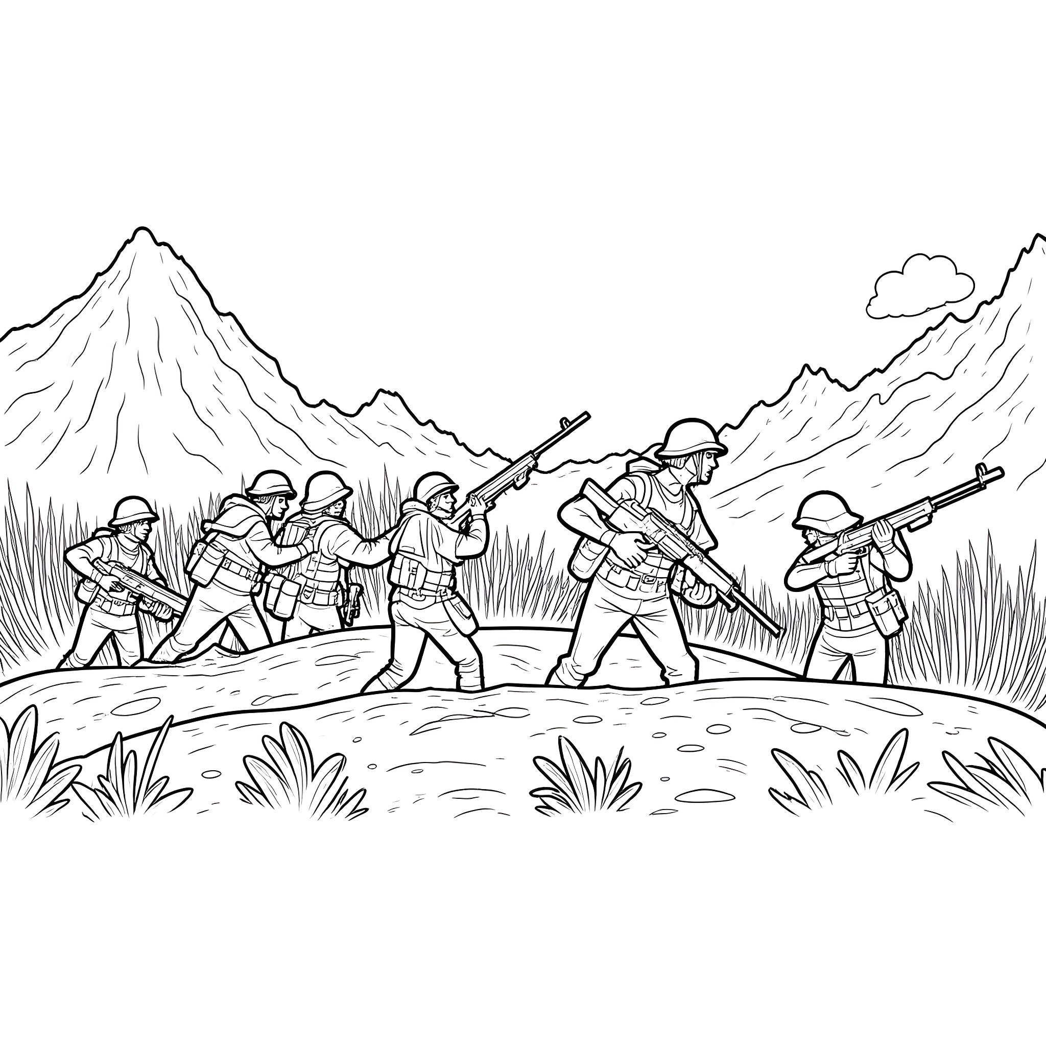 Guerilla Soldiers Engaged in Battle in the Mountains Coloring Page (free black-and-white line drawing printable PDF for all, from beginners to advanced learners, including children, teens, adults, and seniors)