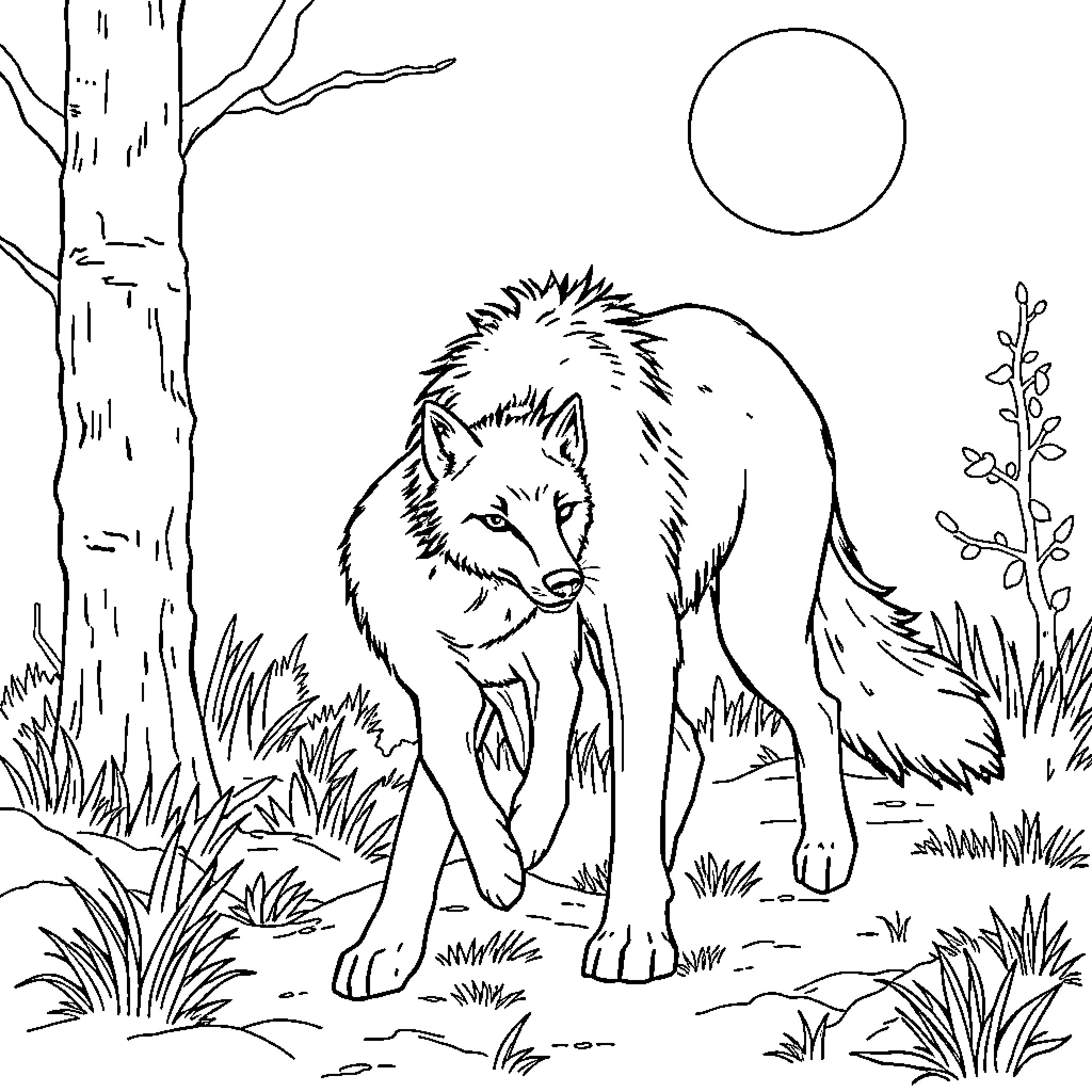 Wolf walking cautiously through the wilderness Coloring Page (free black-and-white line drawing printable PDF for all, from beginners to advanced learners, including children, teens, adults, and seniors)