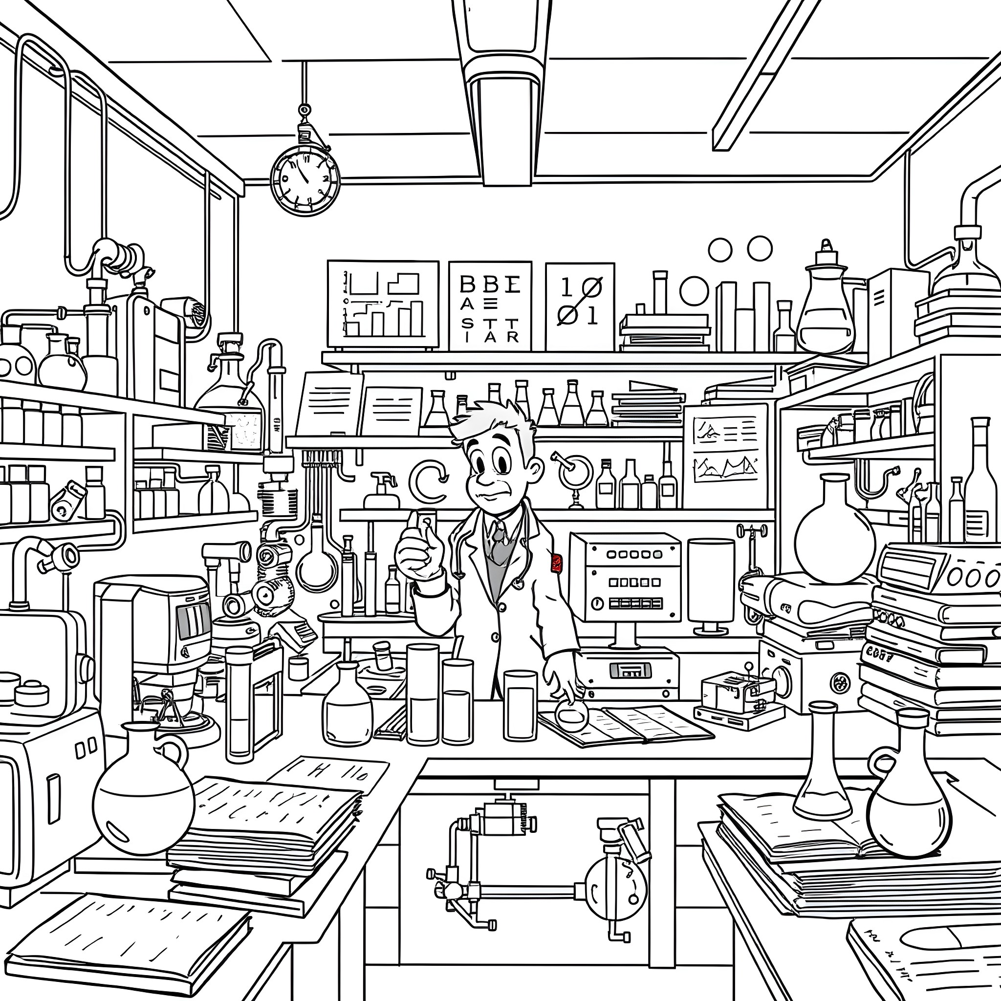 Science Laboratory Filled with Experiments and Equipment Coloring Page (free black-and-white line drawing printable PDF for all, from beginners to advanced learners, including children, teens, adults, and seniors)