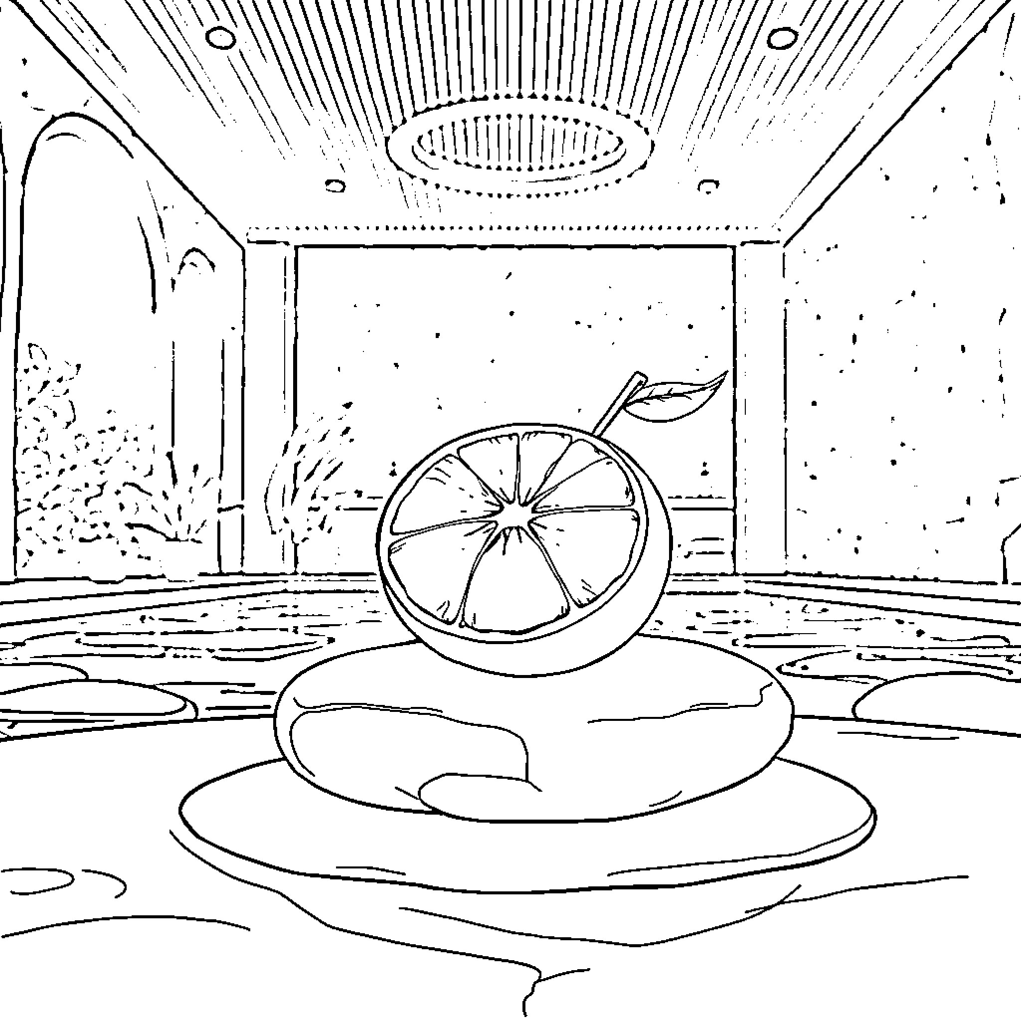 Orange Slice Floating in Watery Dreamscape Coloring Page (free black-and-white line drawing printable PDF for all, from beginners to advanced learners, including children, teens, adults, and seniors)