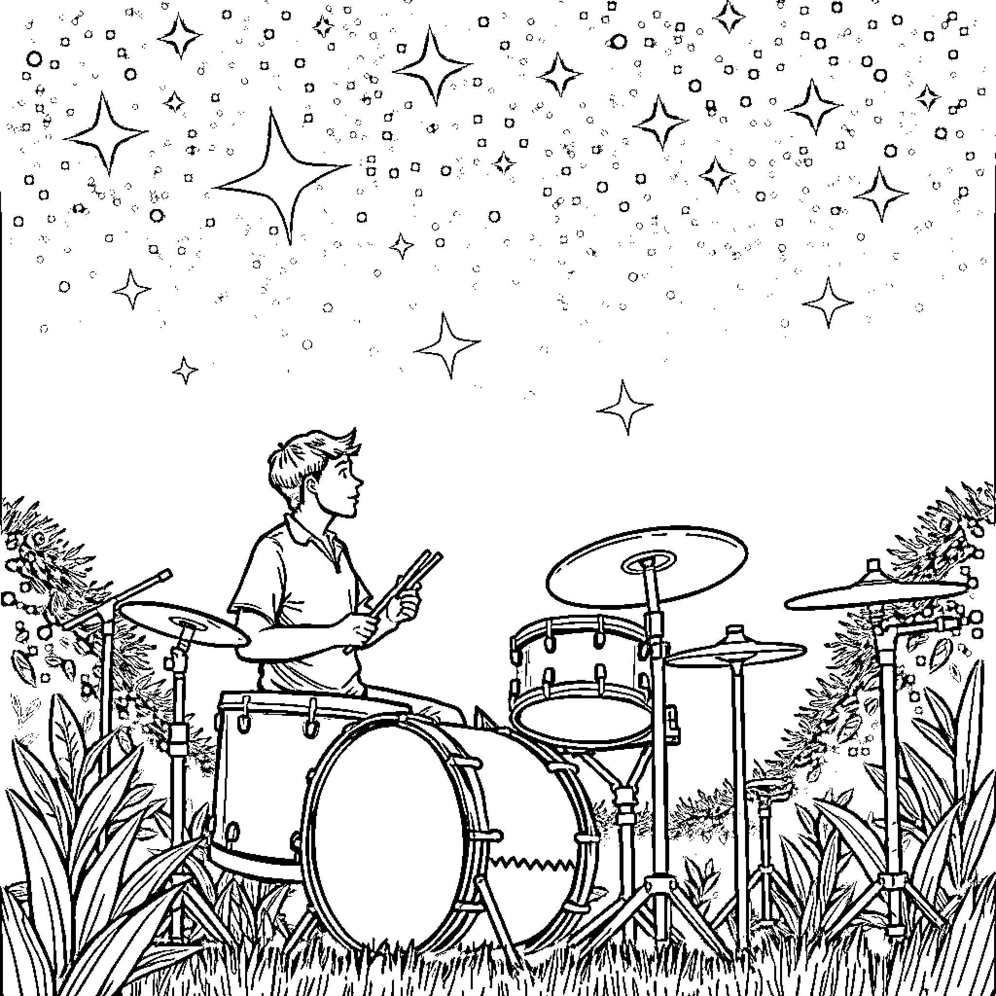 Star musician playing drums under starry sky Coloring Page (free black-and-white line drawing printable PDF for all, from beginners to advanced learners, including children, teens, adults, and seniors)