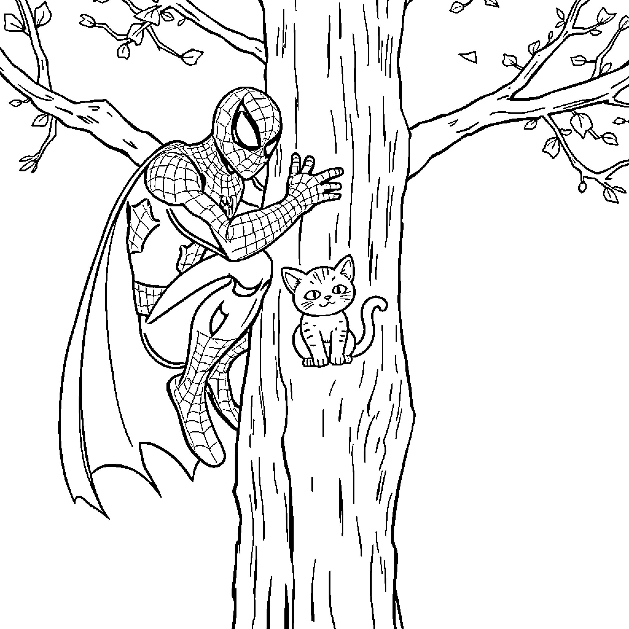 Spiderman climbing a tree with a curious cat Coloring Page (free black-and-white line drawing printable PDF for all, from beginners to advanced learners, including children, teens, adults, and seniors)