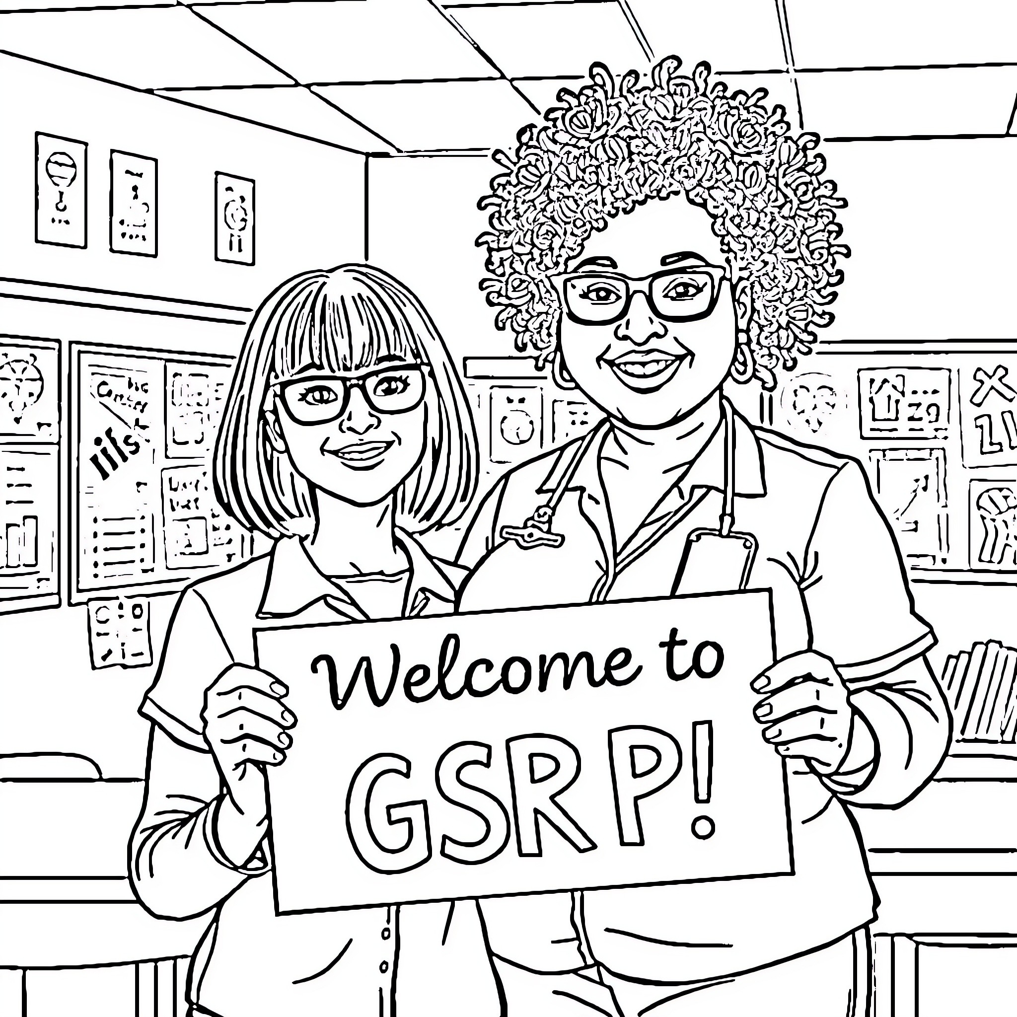 Teacher welcomes students to GSRP classroom Coloring Page (free black-and-white line drawing printable PDF for all, from beginners to advanced learners, including children, teens, adults, and seniors)