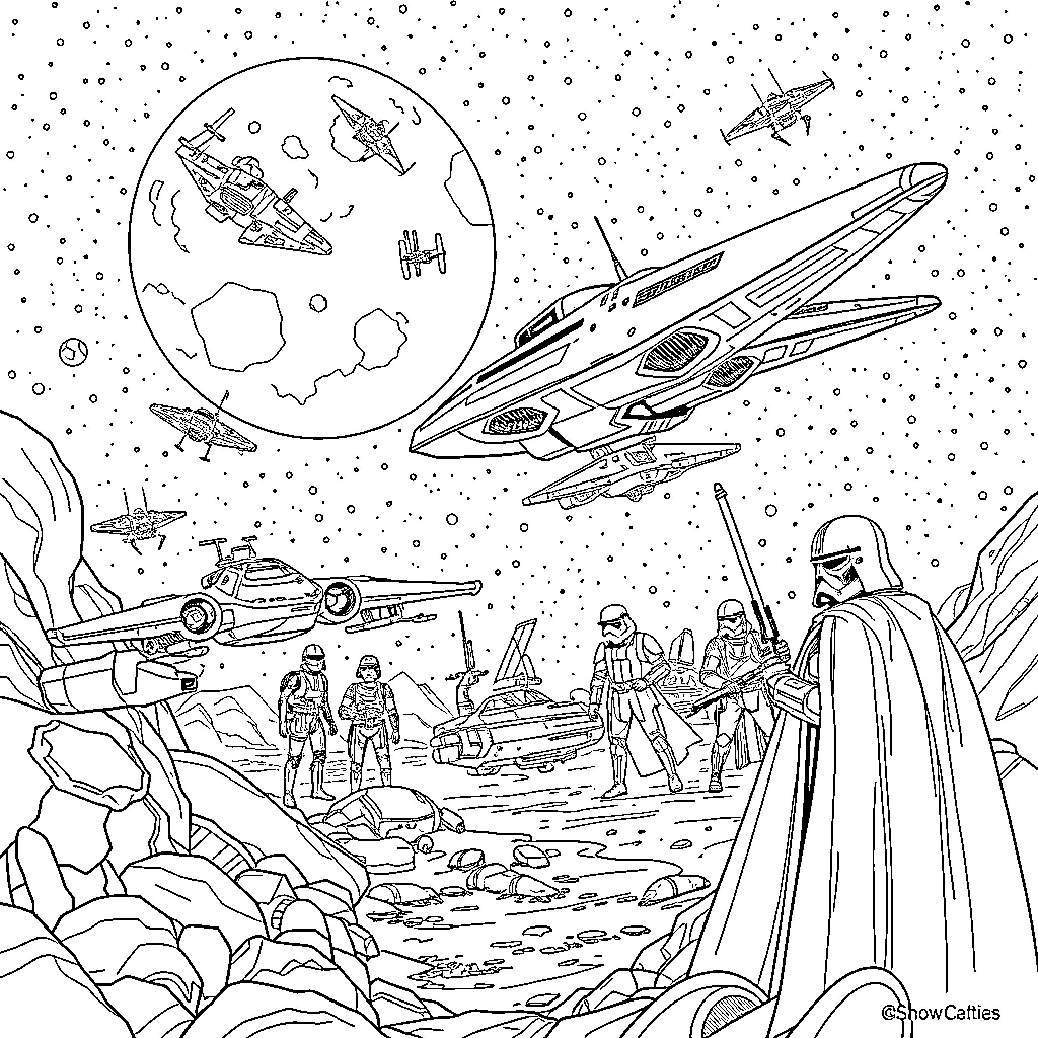 Sconic Space Adventure of Futuristic Voyagers Coloring Page (free black-and-white line drawing printable PDF for all, from beginners to advanced learners, including children, teens, adults, and seniors)