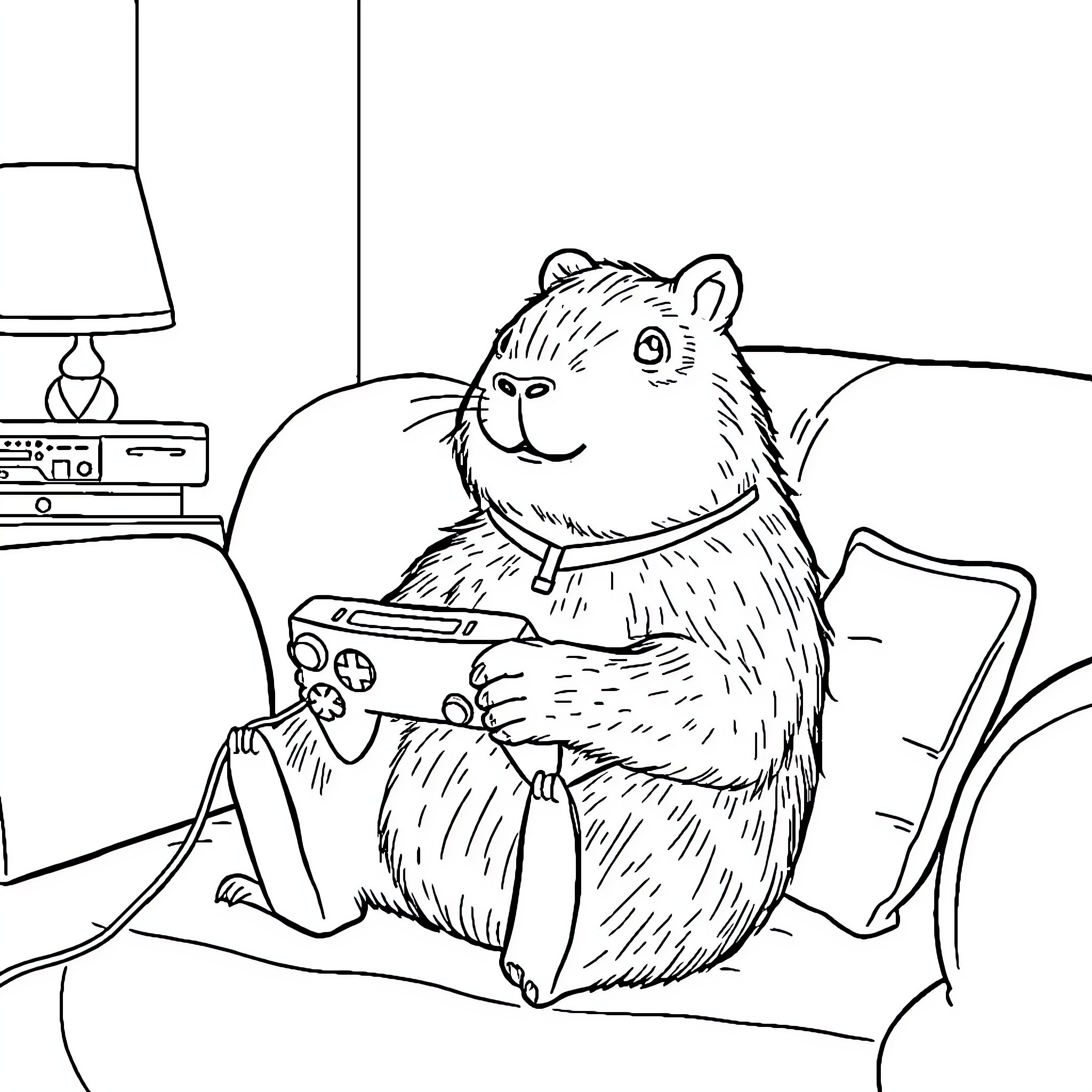 Capybara playing video game on the couch Coloring Page (free black-and-white line drawing printable PDF for all, from beginners to advanced learners, including children, teens, adults, and seniors)