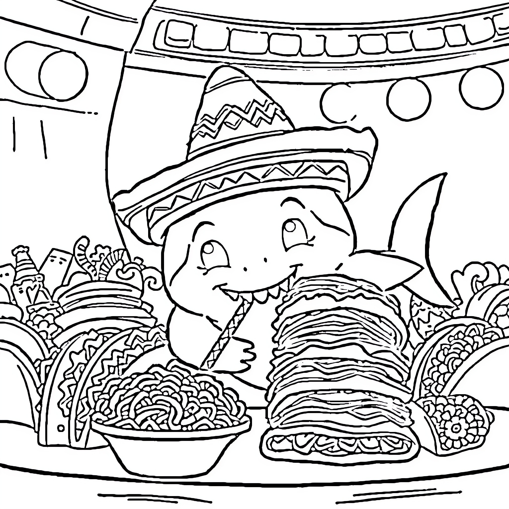 Shark enjoying Mexican-inspired feast Coloring Page (free black-and-white line drawing printable PDF for all, from beginners to advanced learners, including children, teens, adults, and seniors)