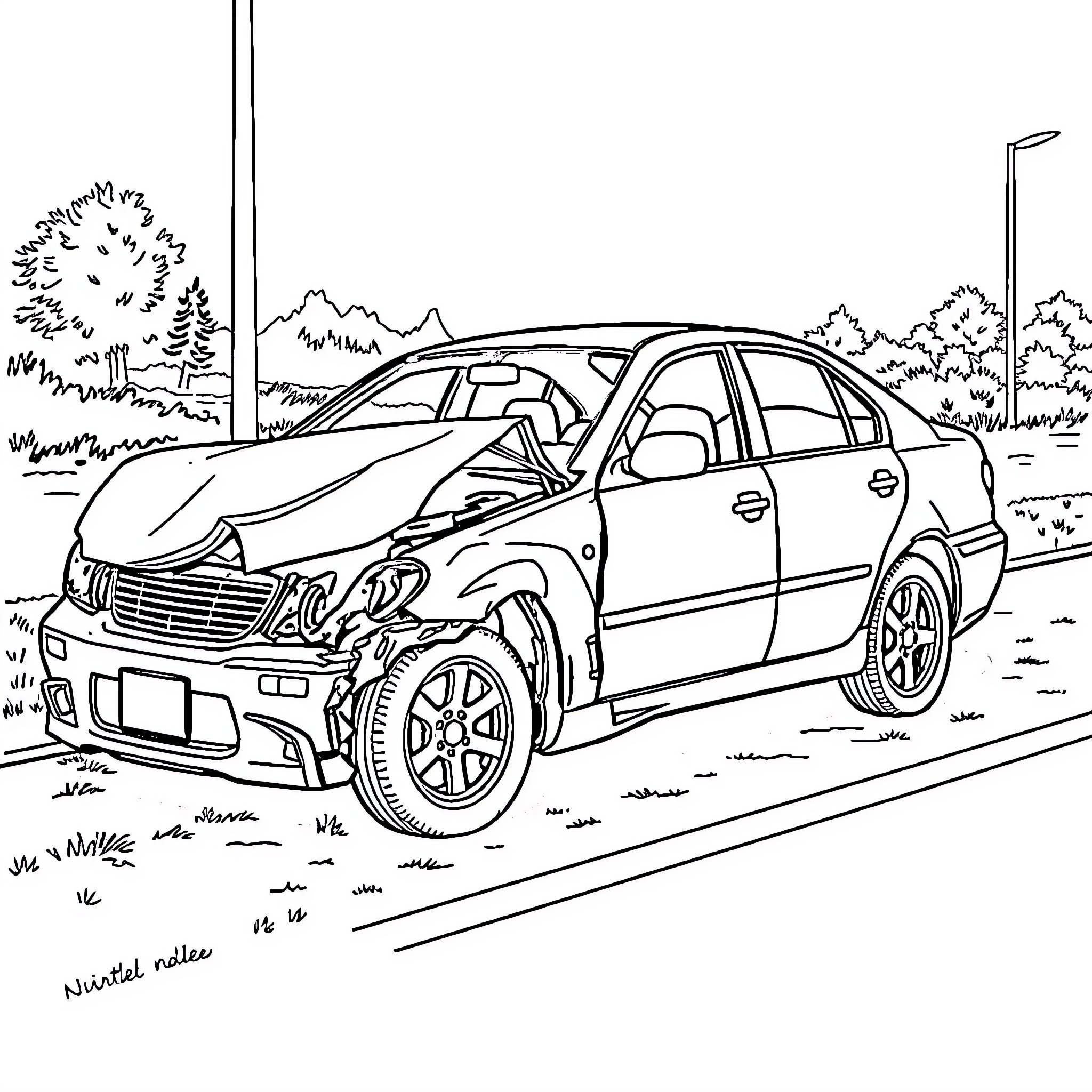 Car involved in a collision on the road Coloring Page (free black-and-white line drawing printable PDF for all, from beginners to advanced learners, including children, teens, adults, and seniors)