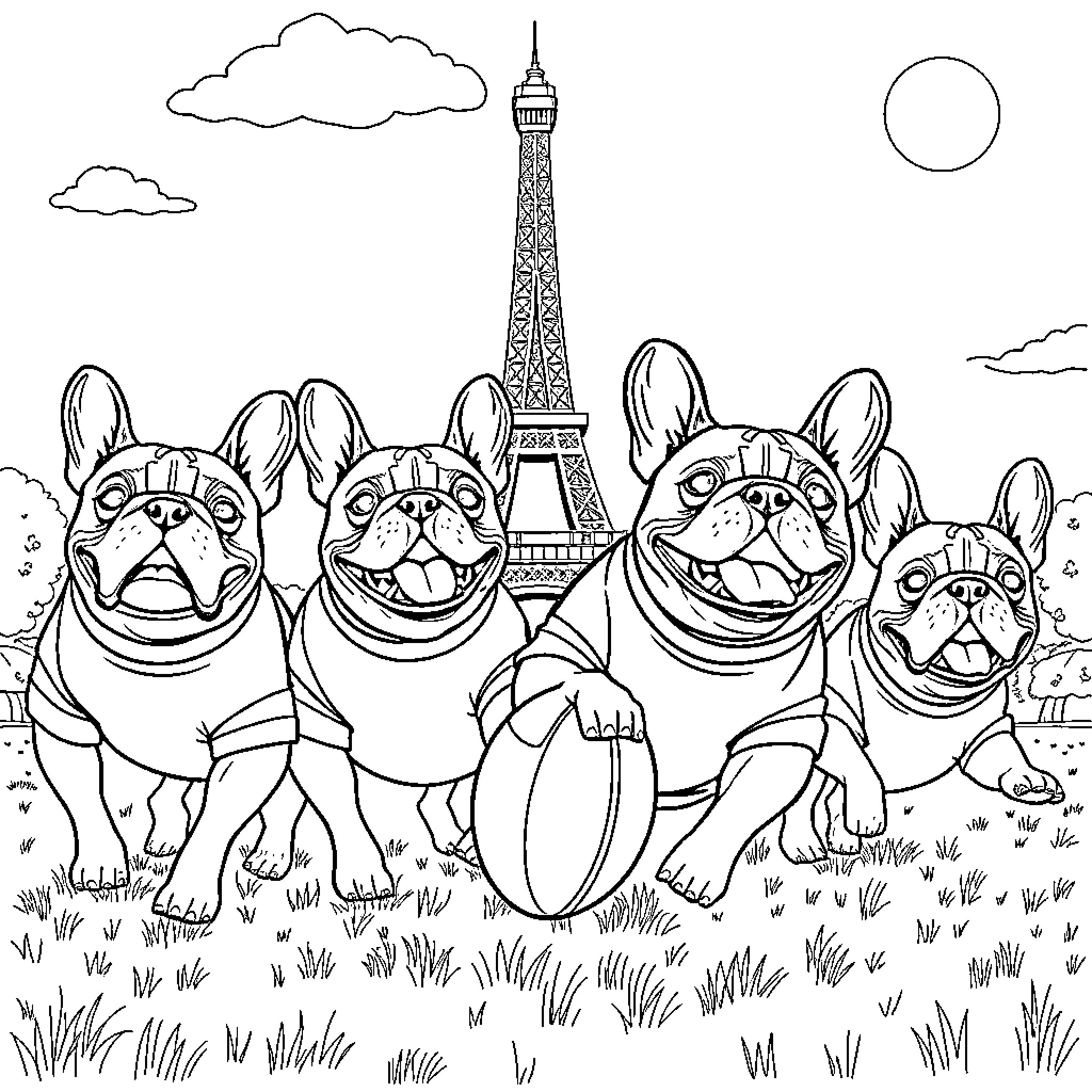 French Bulldog friends exploring Parisian landmarks Coloring Page (free black-and-white line drawing printable PDF for all, from beginners to advanced learners, including children, teens, adults, and seniors)