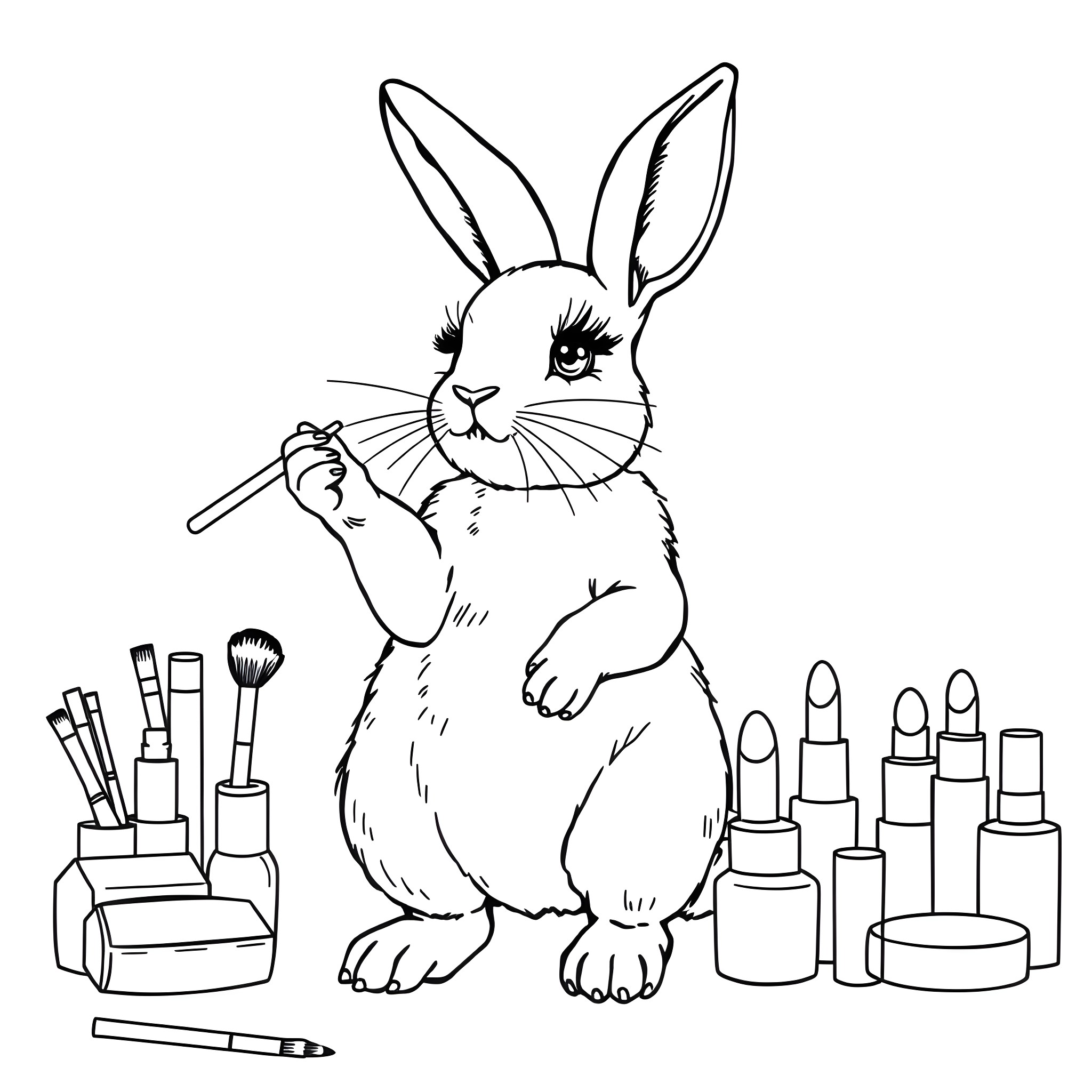 Rabbit applying makeup with cosmetic items Coloring Page (free black-and-white line drawing printable PDF for all, from beginners to advanced learners, including children, teens, adults, and seniors)