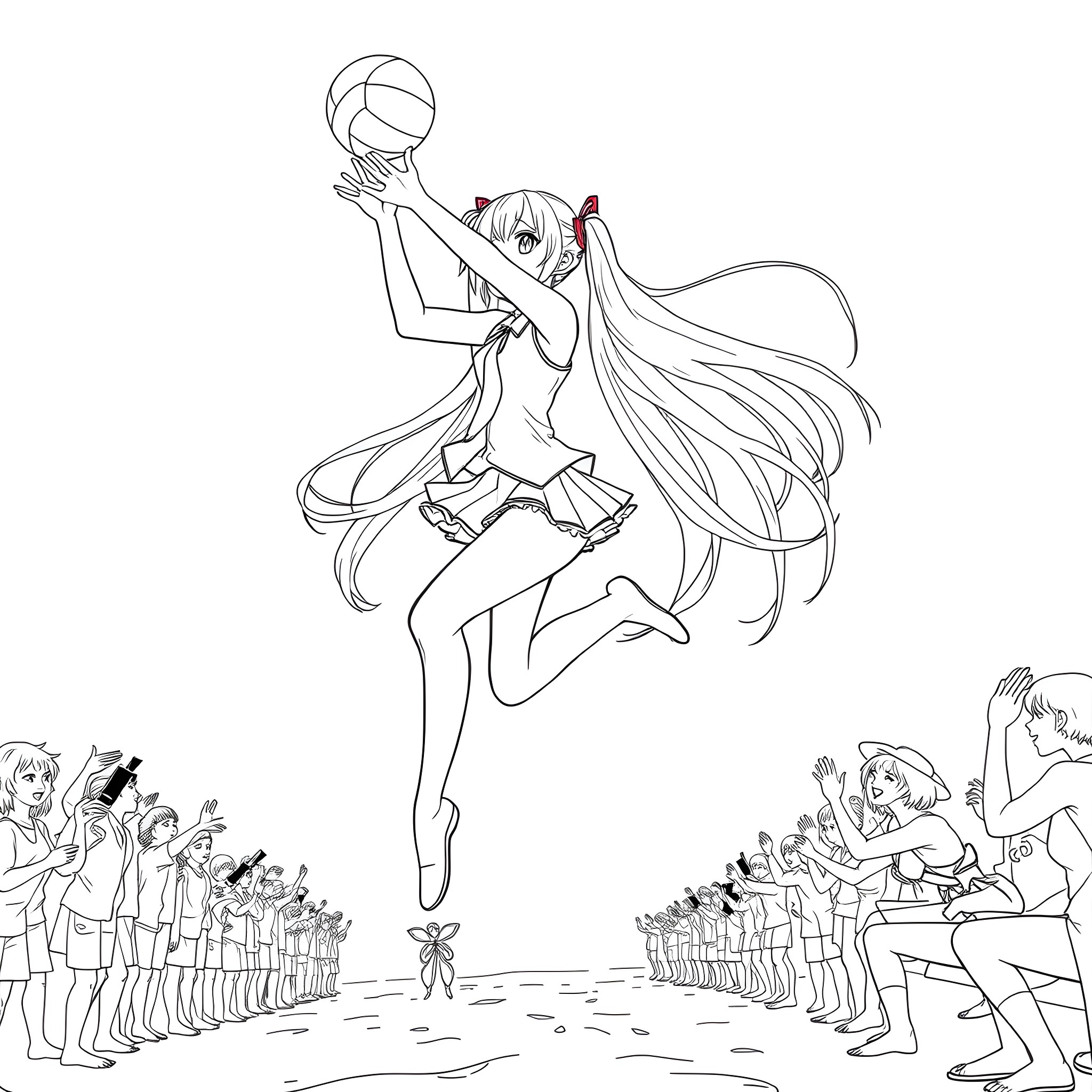 Hatsune Miku performing on stage with fans Coloring Page (free black-and-white line drawing printable PDF for all, from beginners to advanced learners, including children, teens, adults, and seniors)