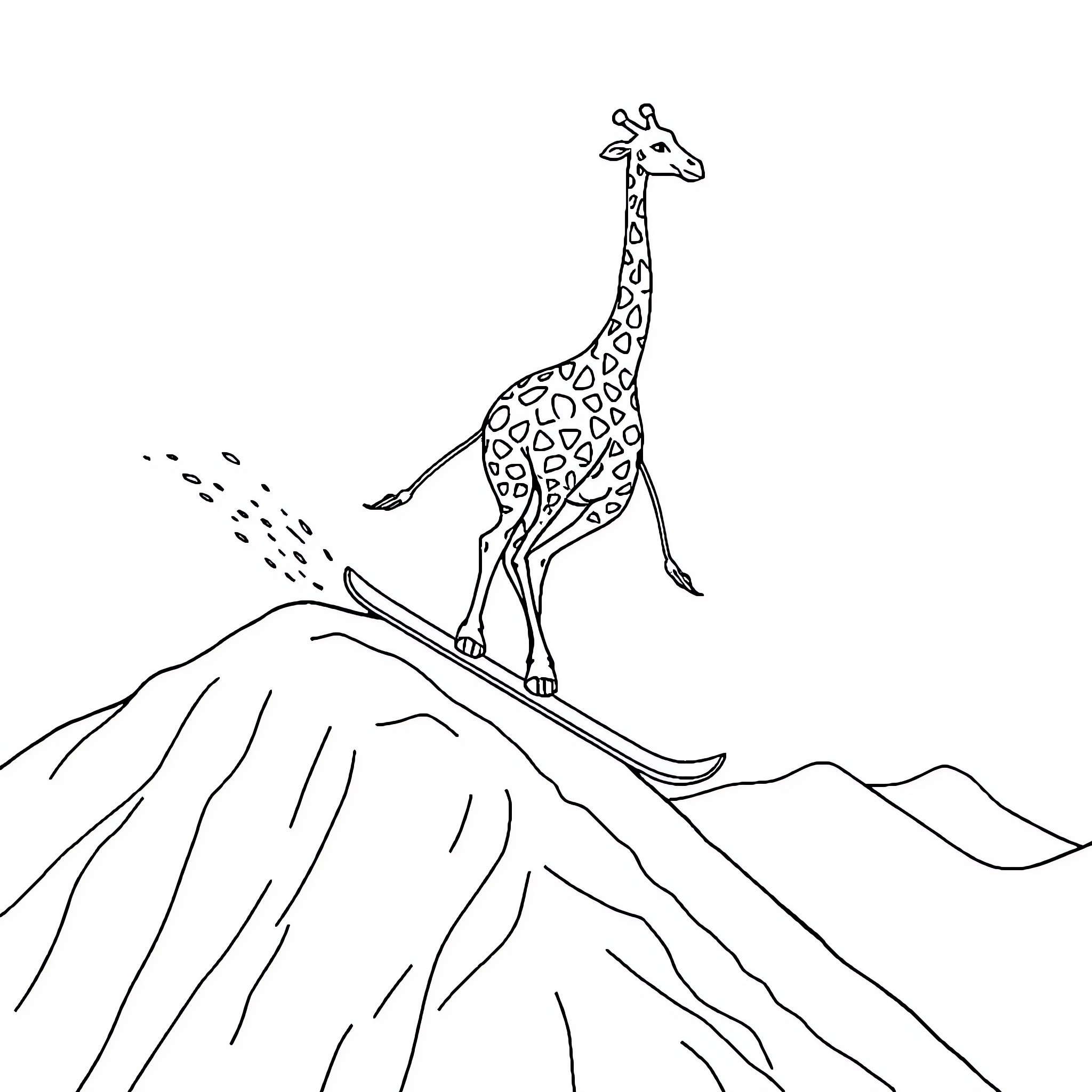 Giraffe exploring rugged terrain Coloring Page (free black-and-white line drawing printable PDF for all, from beginners to advanced learners, including children, teens, adults, and seniors)