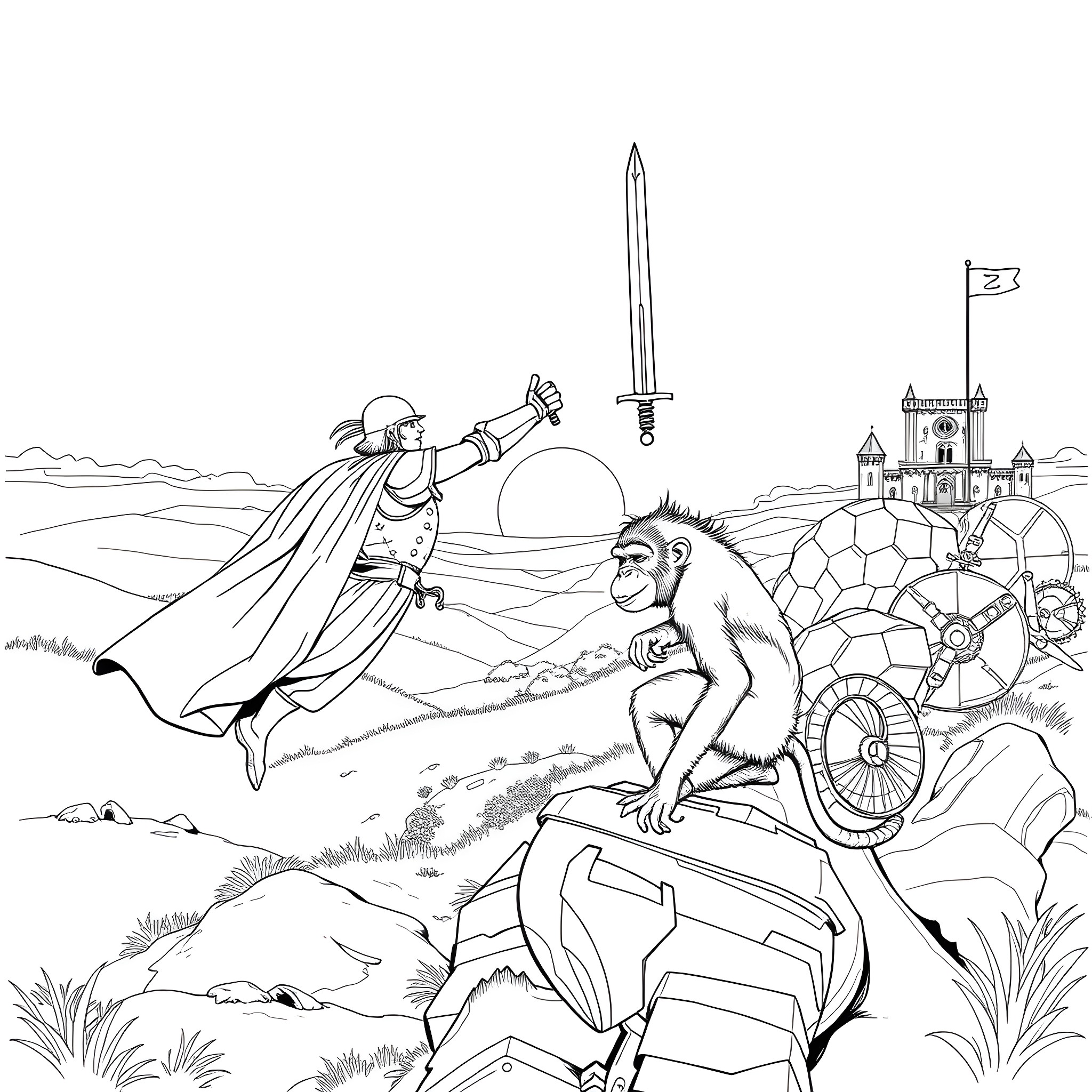 Knight's battle with a fierce beast in a fantastical landscape Coloring Page (free black-and-white line drawing printable PDF for all, from beginners to advanced learners, including children, teens, adults, and seniors)