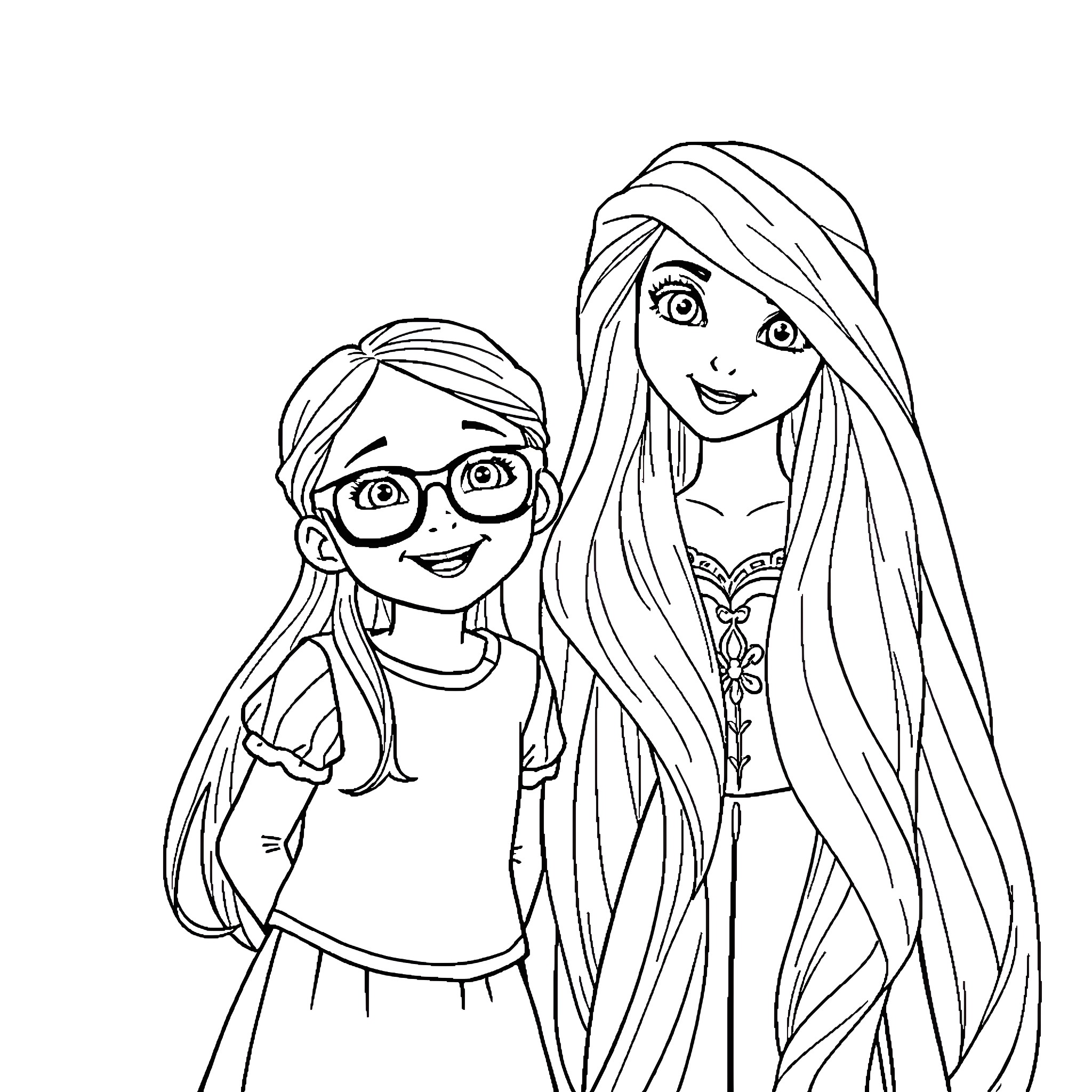 Girl and her friend happily together Coloring Page (free black-and-white line drawing printable PDF for all, from beginners to advanced learners, including children, teens, adults, and seniors)