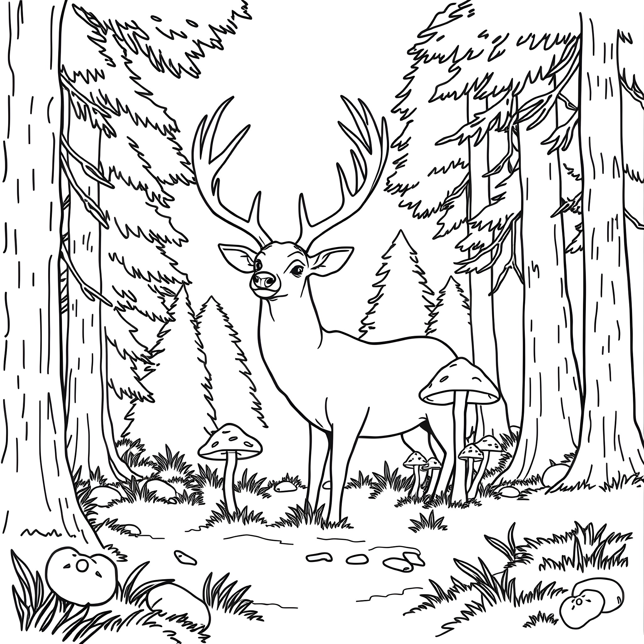 Mushroom Forest Deer Encounter Coloring Page (free black-and-white line drawing printable PDF for all, from beginners to advanced learners, including children, teens, adults, and seniors)