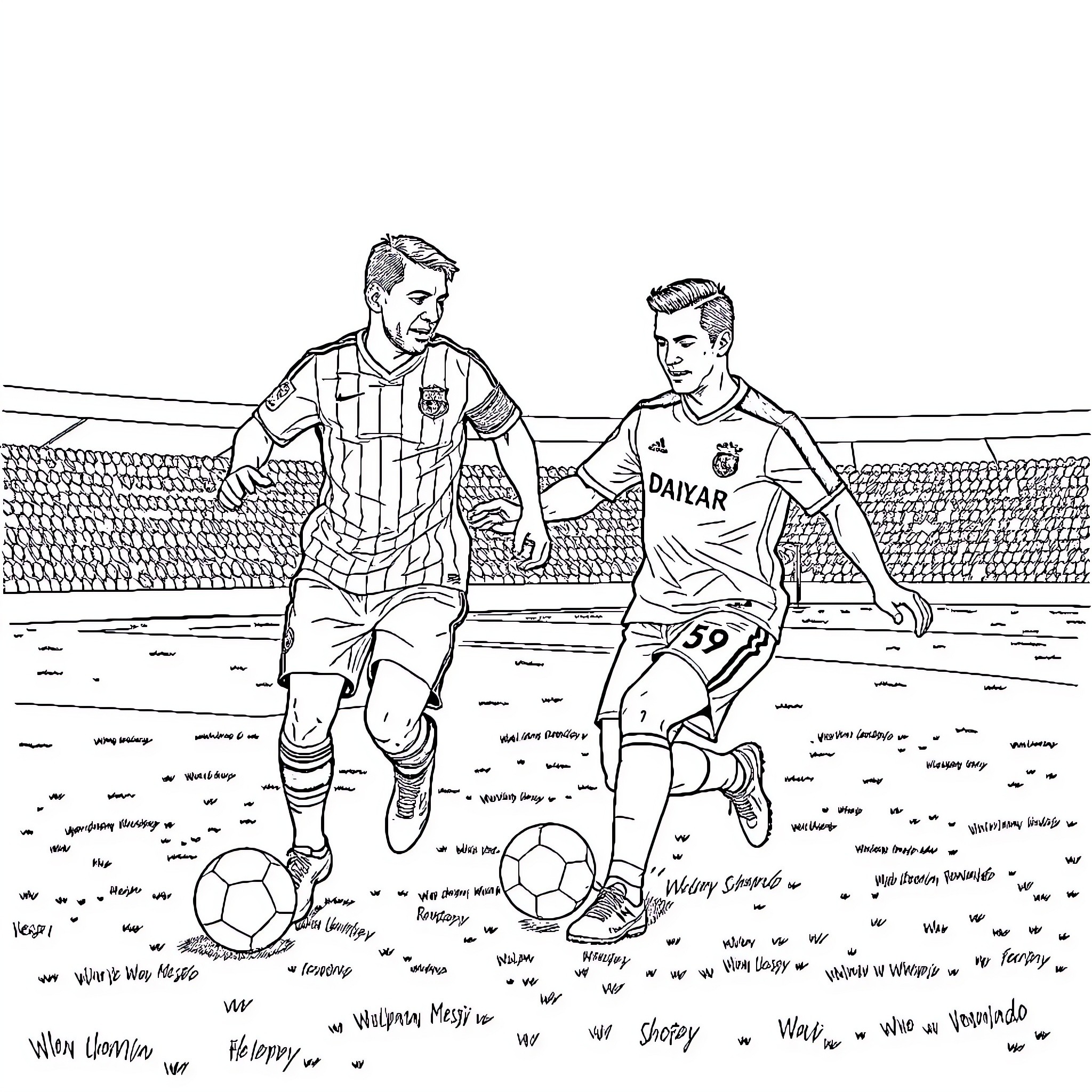 Messi and Ronaldo competing on the soccer field Coloring Page (free black-and-white line drawing printable PDF for all, from beginners to advanced learners, including children, teens, adults, and seniors)