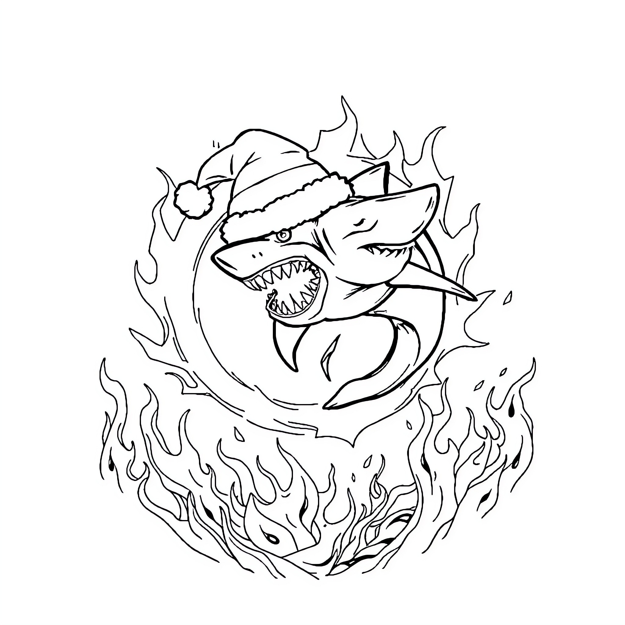 Shark with Santa hat in fiery background Coloring Page (free black-and-white line drawing printable PDF for all, from beginners to advanced learners, including children, teens, adults, and seniors)