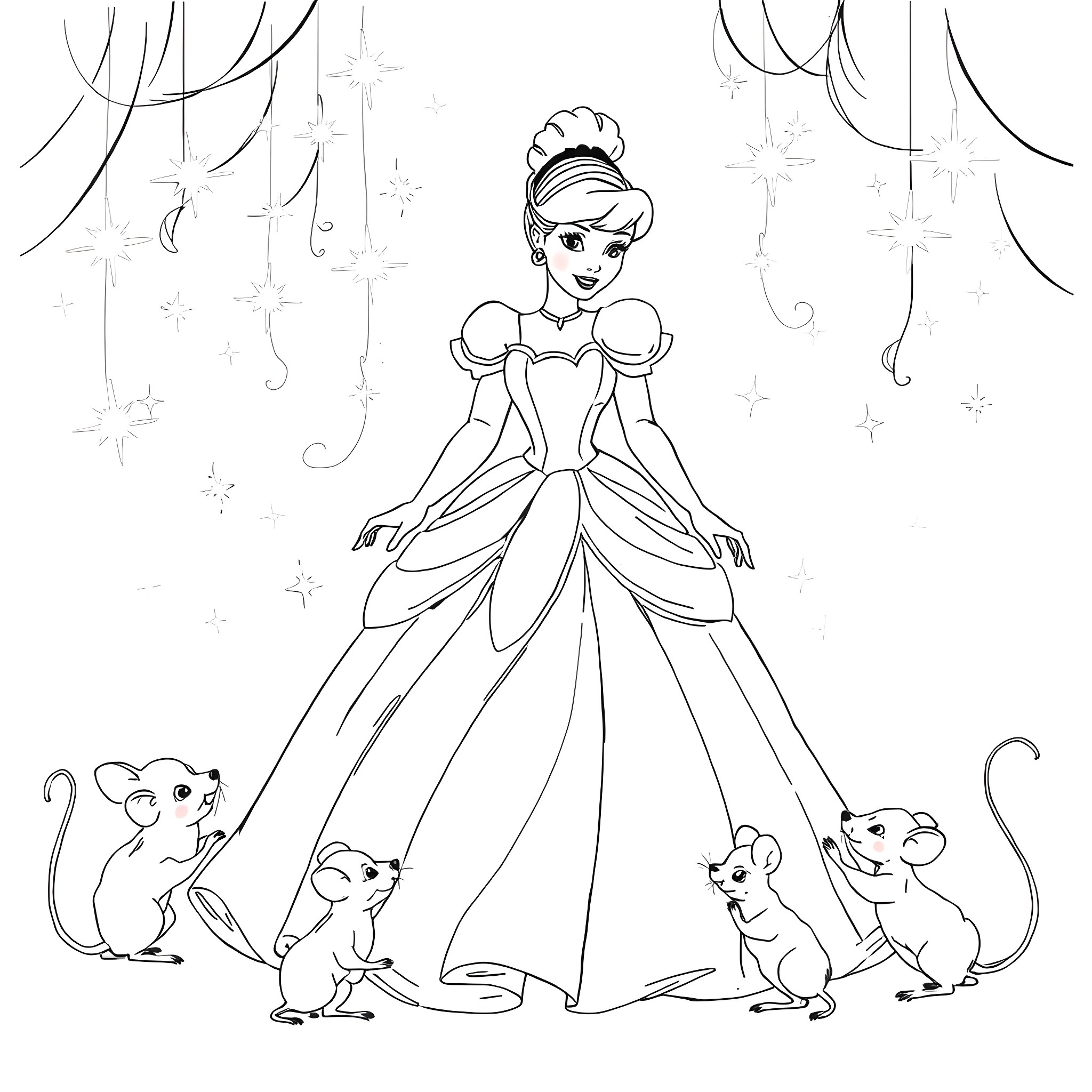 Cinderella dances with adorable mice in a magical ballroom Coloring Page (free black-and-white line drawing printable PDF for all, from beginners to advanced learners, including children, teens, adults, and seniors)