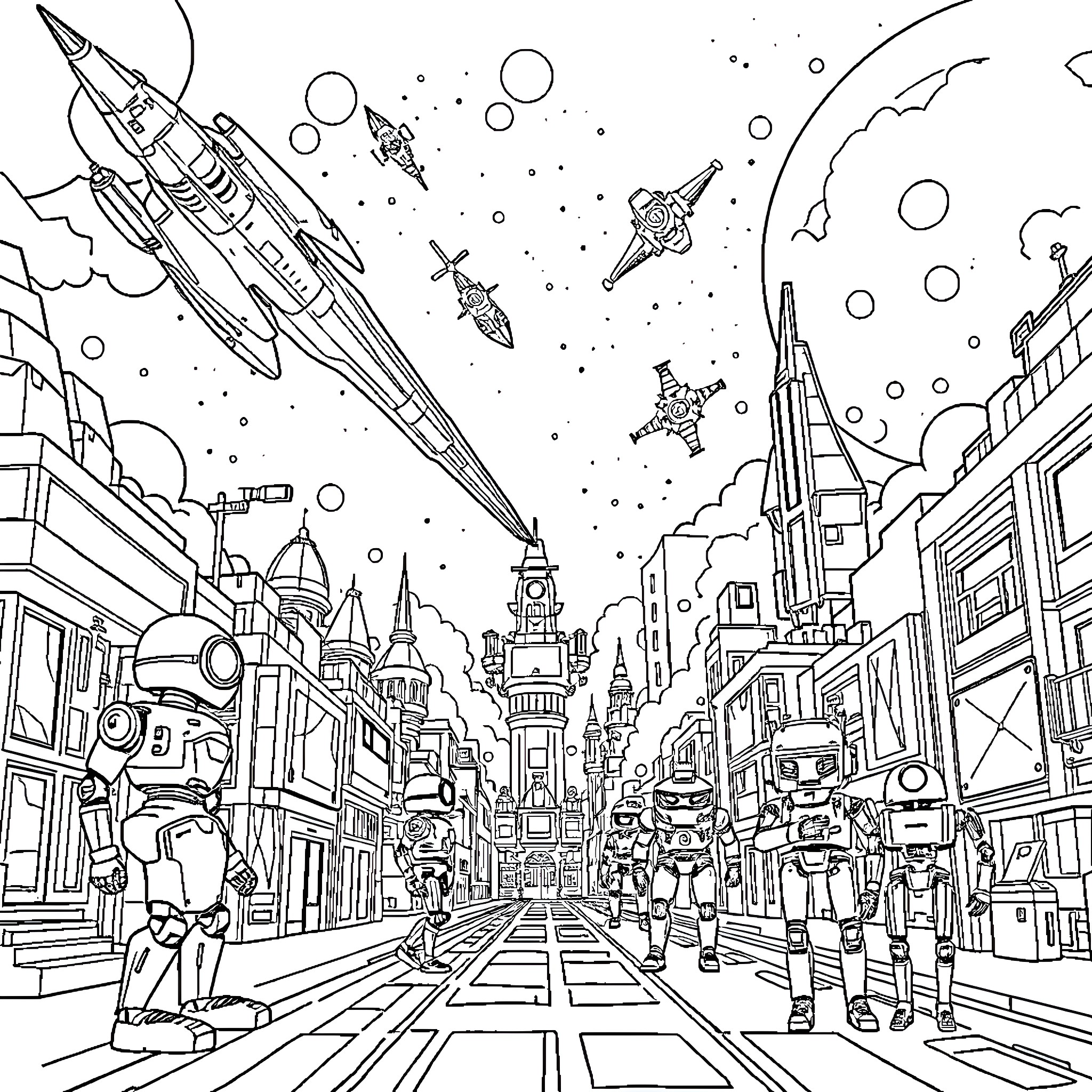 Spaceship flying over futuristic city Coloring Page (free black-and-white line drawing printable PDF for all, from beginners to advanced learners, including children, teens, adults, and seniors)