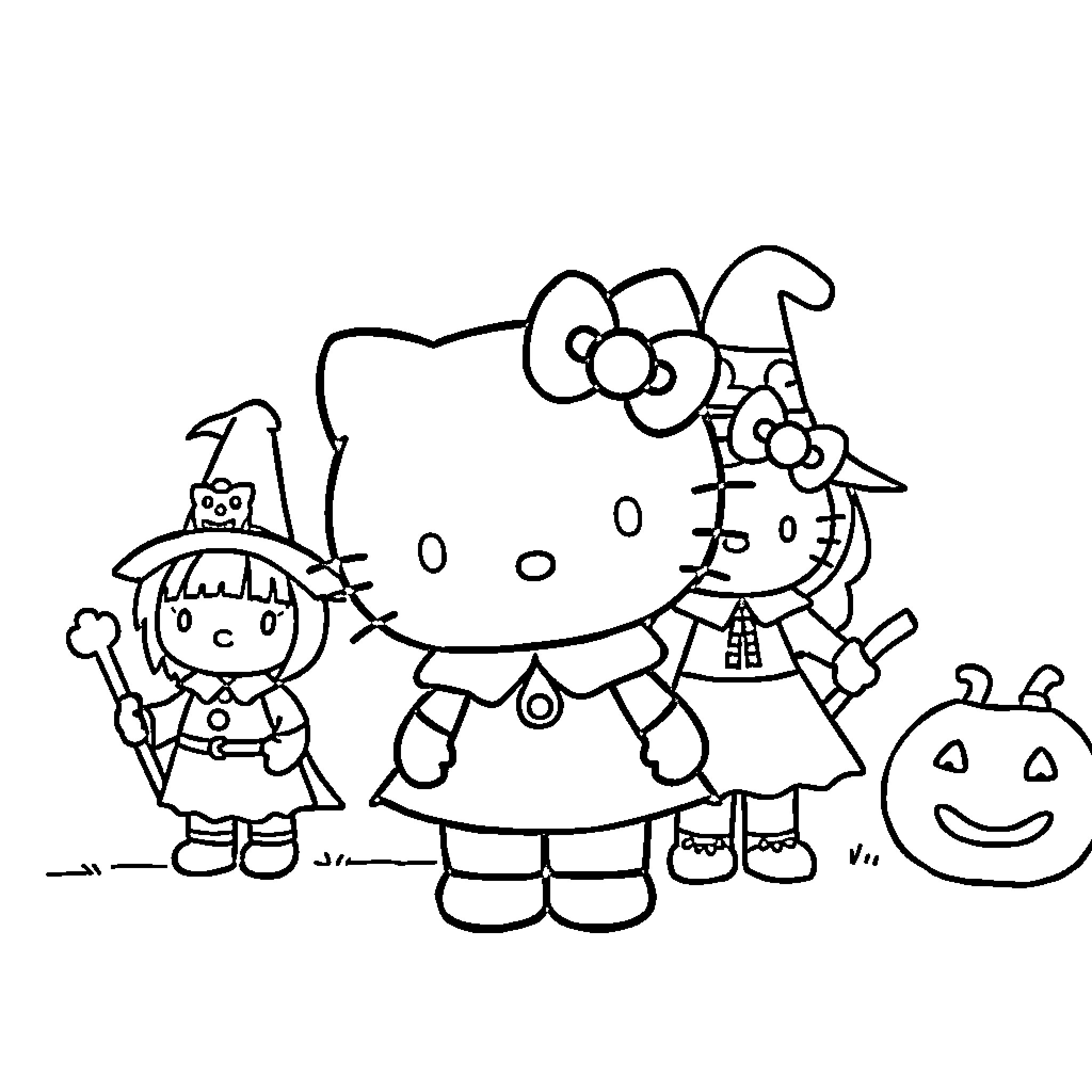 Hello Kitty and friends in Halloween costumes Coloring Page (free black-and-white line drawing printable PDF for all, from beginners to advanced learners, including children, teens, adults, and seniors)
