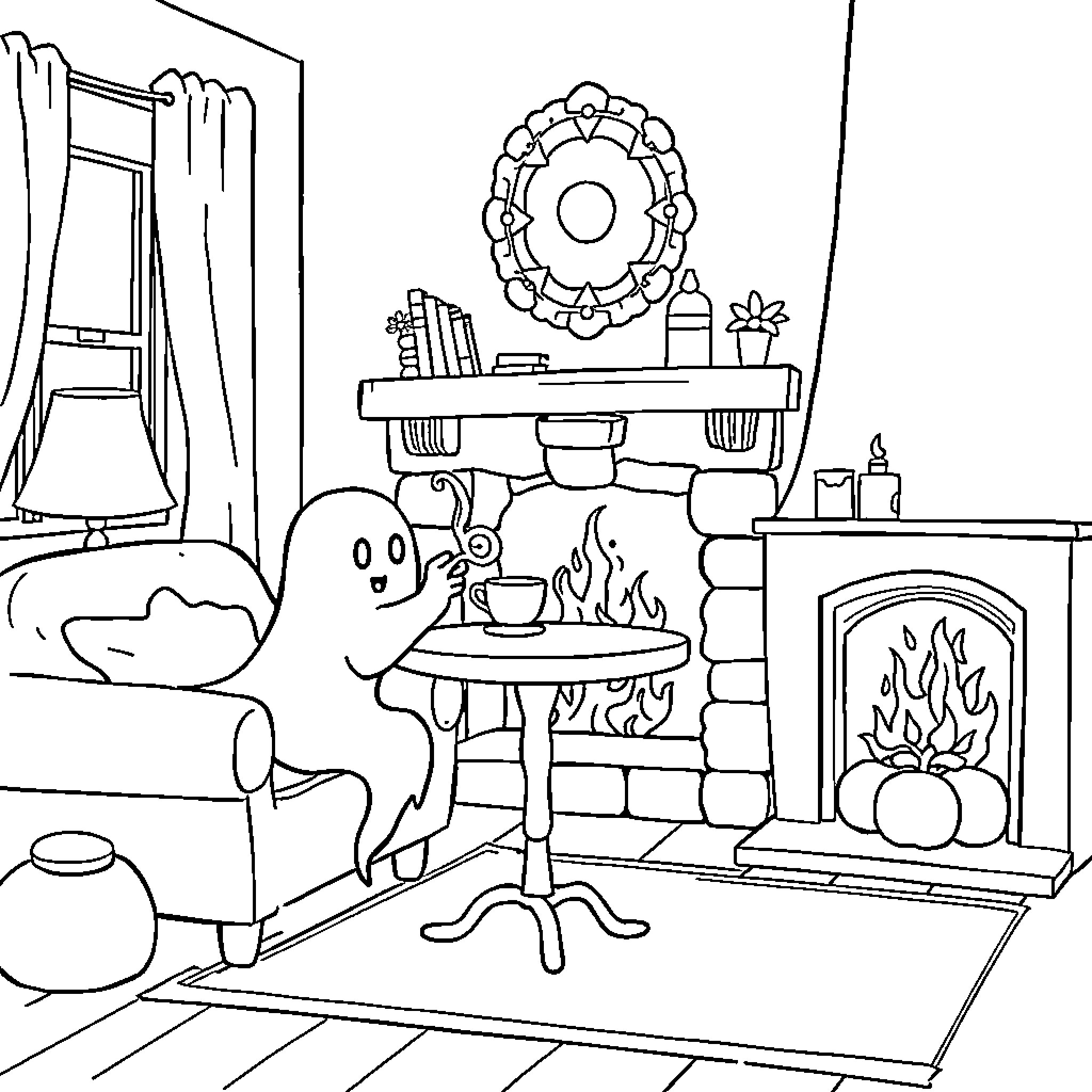 Ghost enjoying cozy day by the fireplace Coloring Page (free black-and-white line drawing printable PDF for all, from beginners to advanced learners, including children, teens, adults, and seniors)
