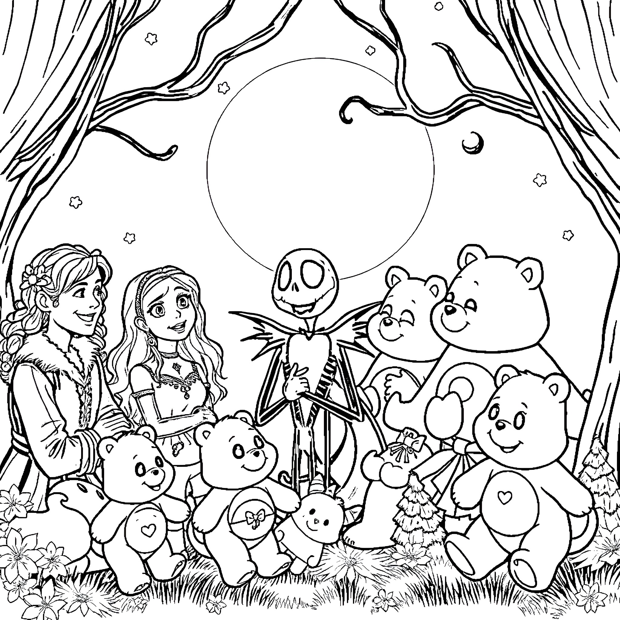 Character Group Posing Happily in Whimsical Forest Scene Coloring Page (free black-and-white line drawing printable PDF for all, from beginners to advanced learners, including children, teens, adults, and seniors)