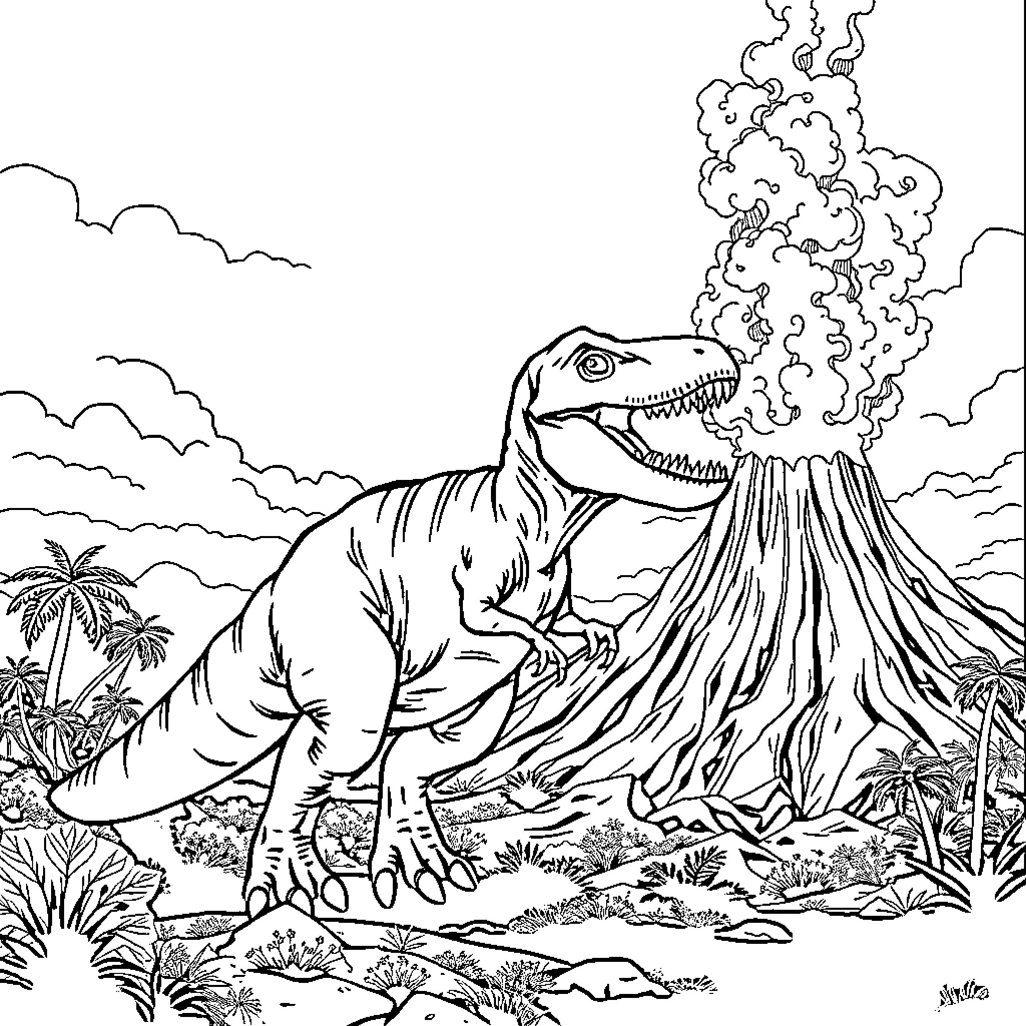 Tyrannosaurus Rex in a Volcanic Landscape Coloring Page (free black-and-white line drawing printable PDF for all, from beginners to advanced learners, including children, teens, adults, and seniors)