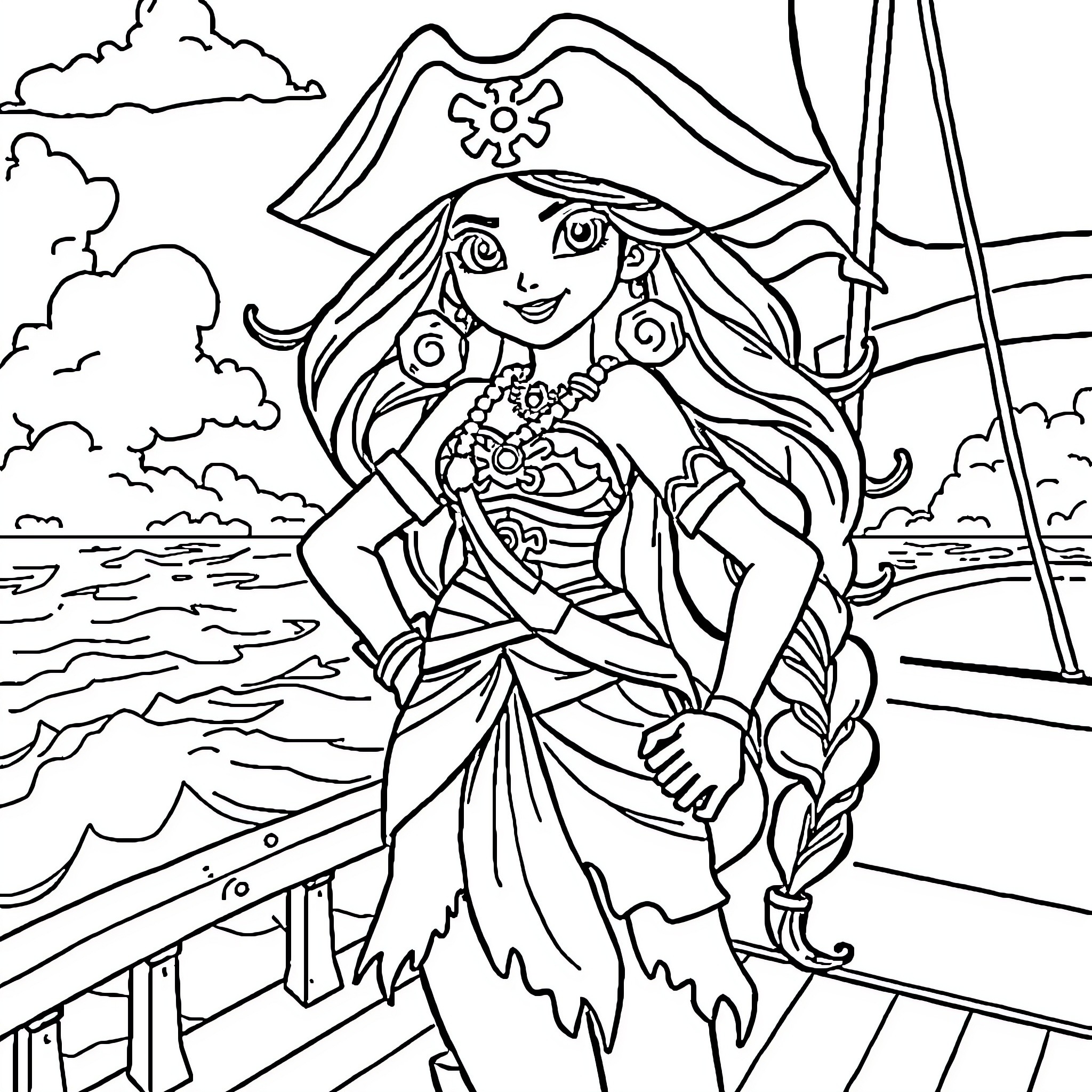 Vaiana exploring the seas in her pirate outfit Coloring Page (free black-and-white line drawing printable PDF for all, from beginners to advanced learners, including children, teens, adults, and seniors)