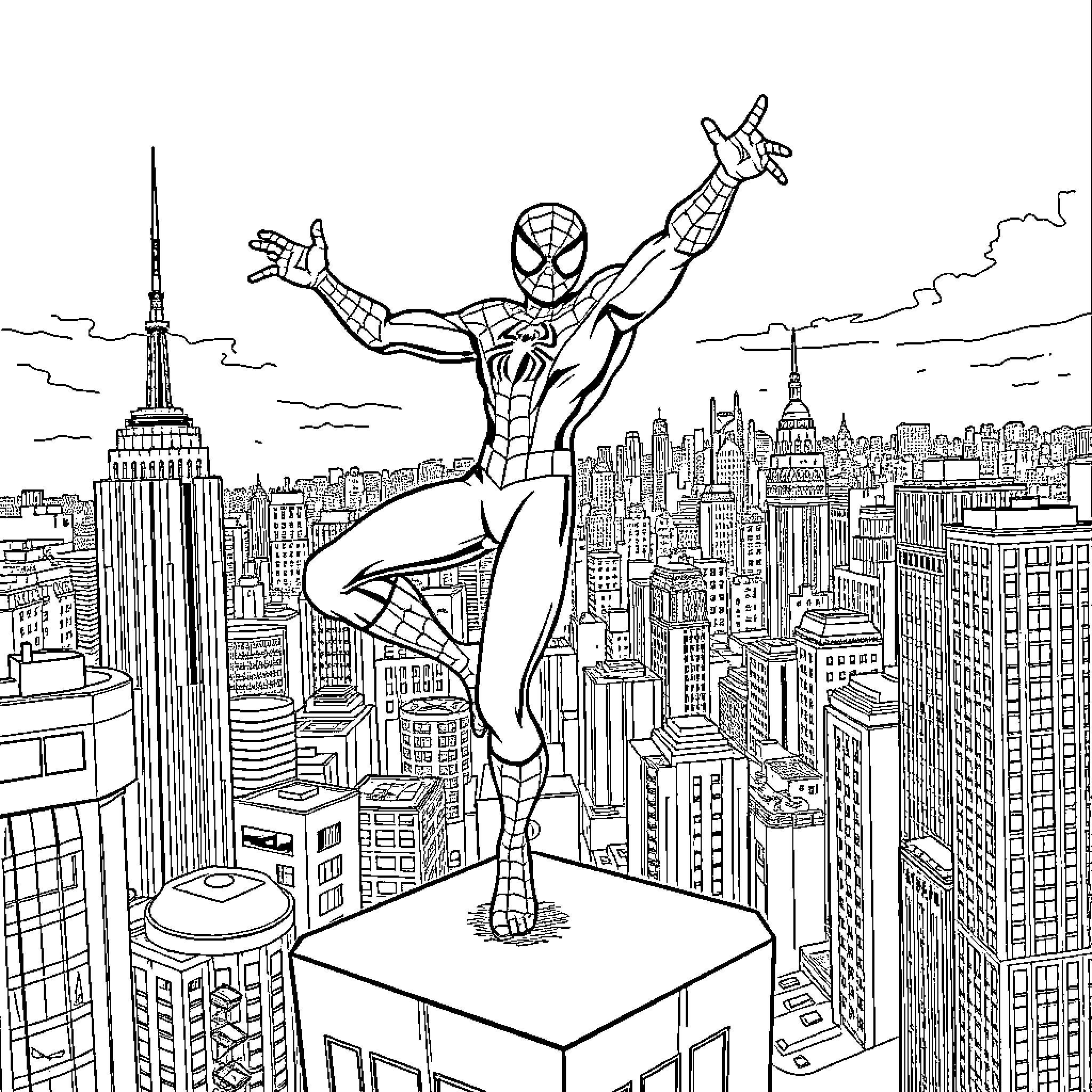 Spiderman swinging heroically over the cityscape Coloring Page (free black-and-white line drawing printable PDF for all, from beginners to advanced learners, including children, teens, adults, and seniors)