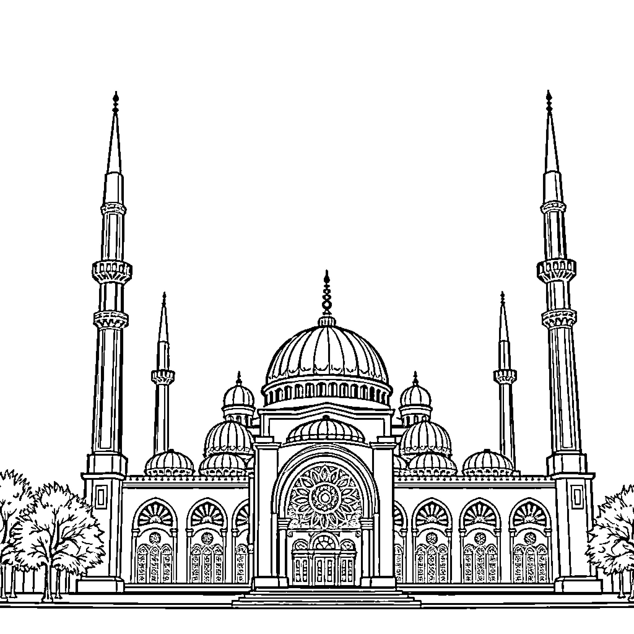 Mosque with intricate architectural details Coloring Page (free black-and-white line drawing printable PDF for all, from beginners to advanced learners, including children, teens, adults, and seniors)