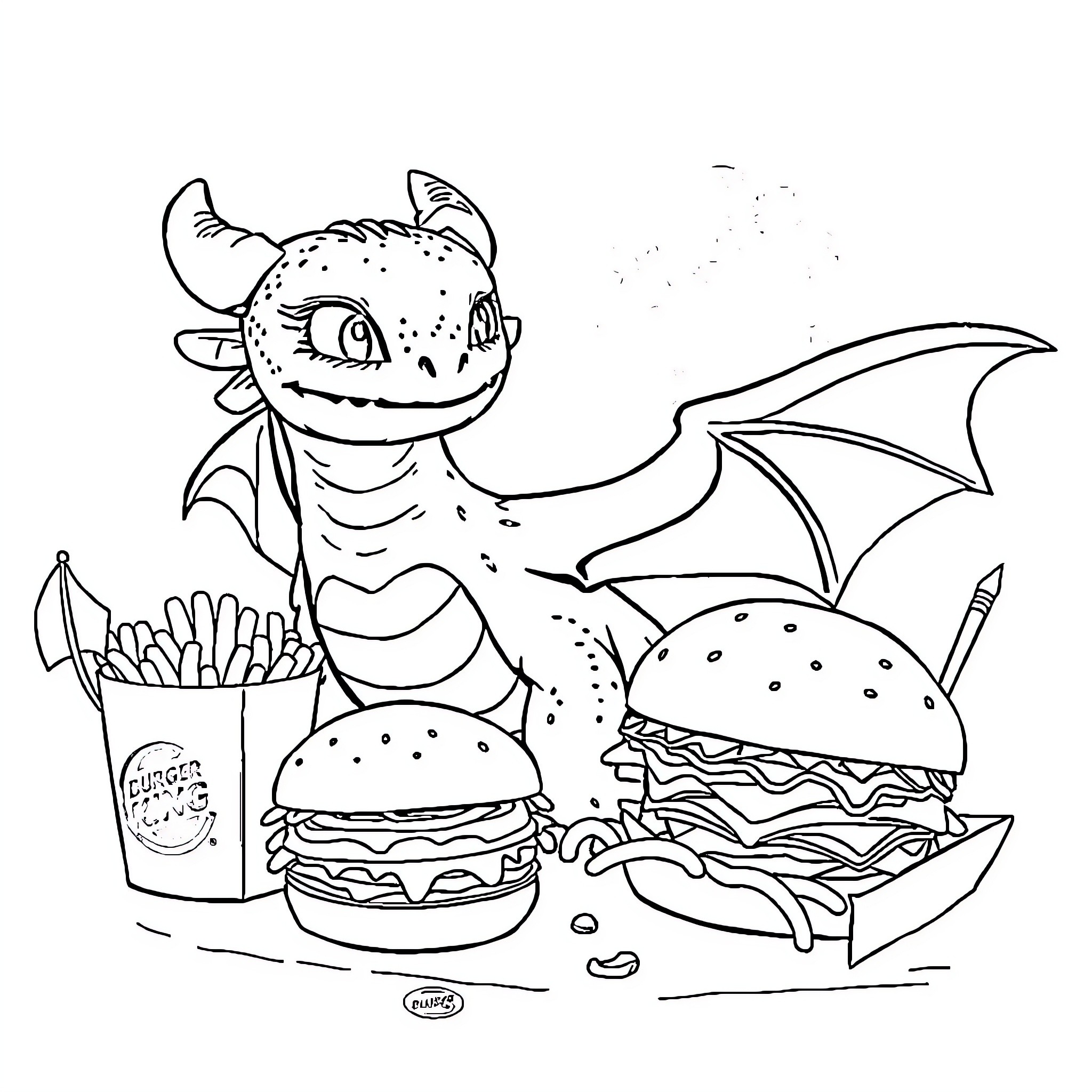 Dragon enjoys a tasty fast food meal Coloring Page (free black-and-white line drawing printable PDF for all, from beginners to advanced learners, including children, teens, adults, and seniors)