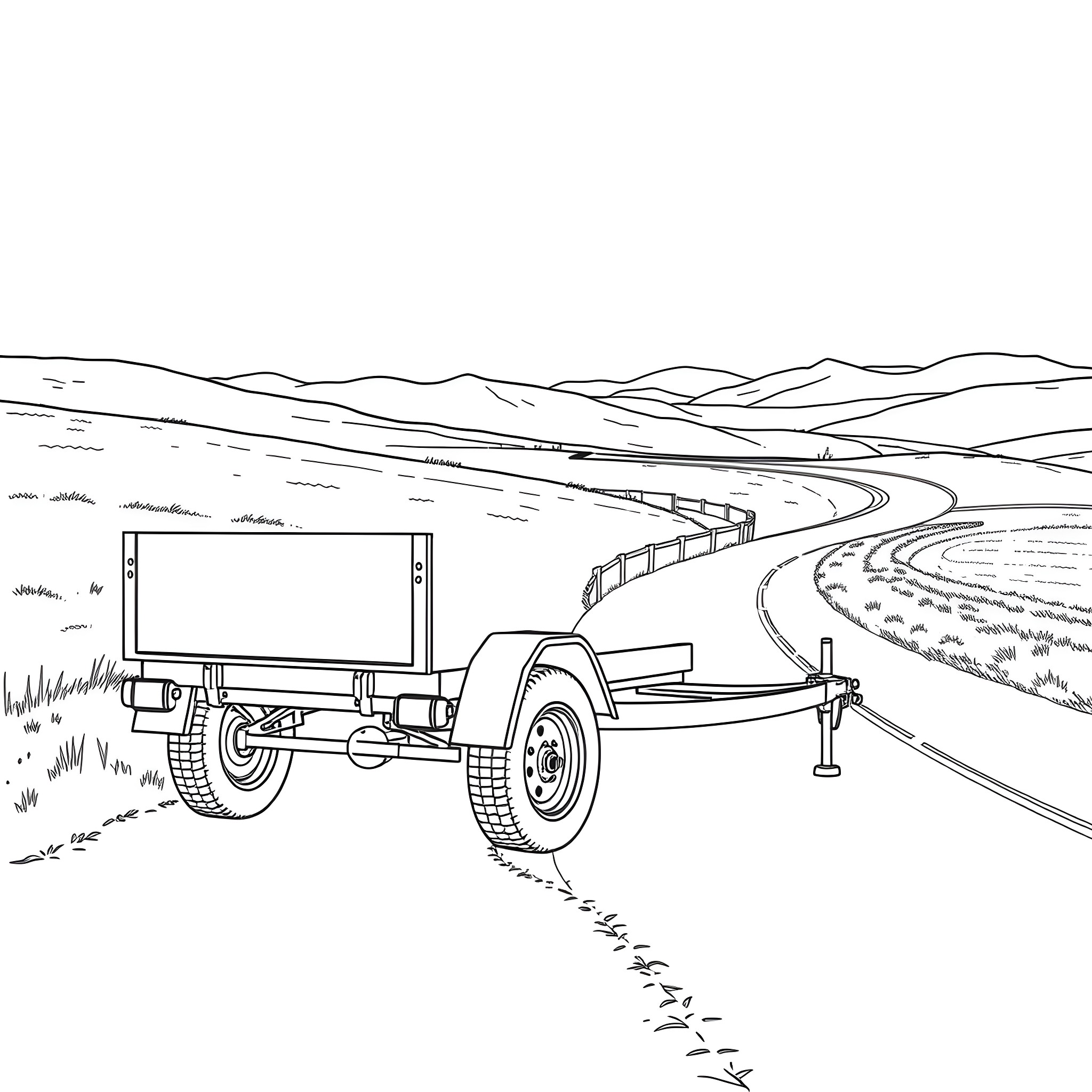 Car Trailer on Winding Mountain Road Coloring Page (free black-and-white line drawing printable PDF for all, from beginners to advanced learners, including children, teens, adults, and seniors)