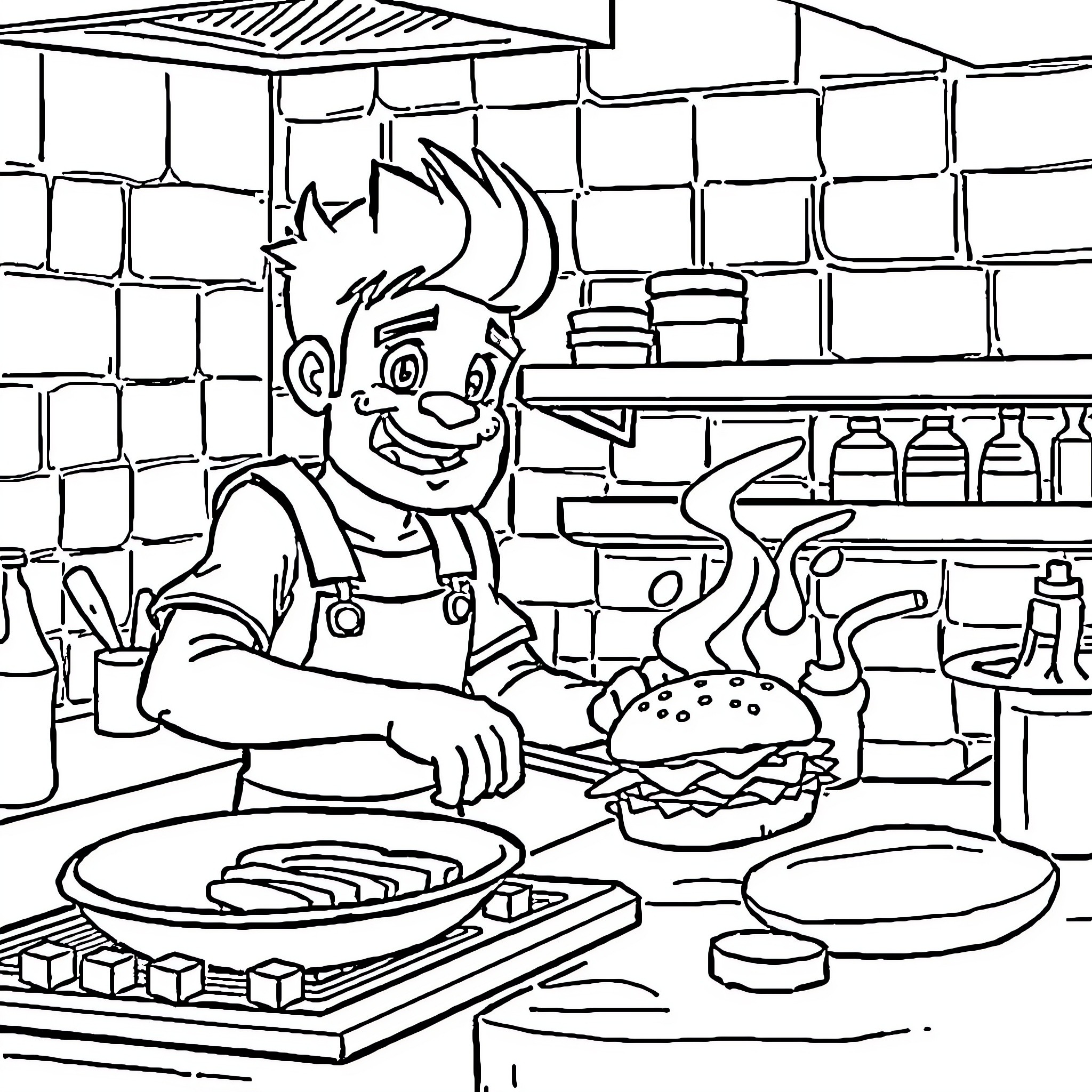 Axel Blaze in the Kitchen Cooking Up a Tasty Meal Coloring Page (free black-and-white line drawing printable PDF for all, from beginners to advanced learners, including children, teens, adults, and seniors)