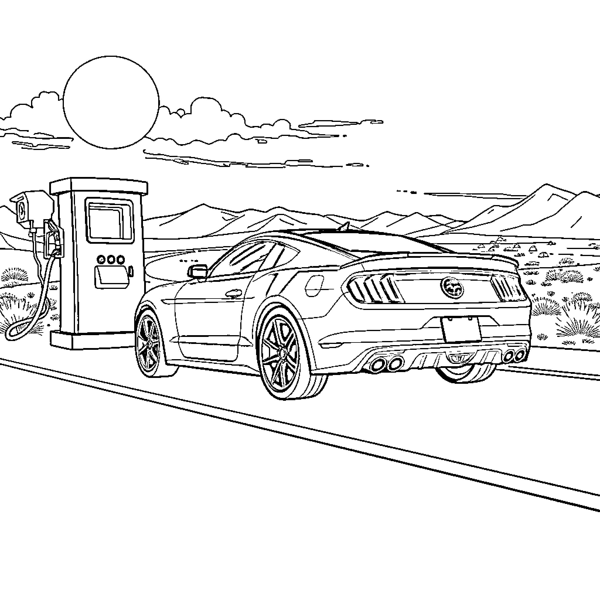 Mustang refueling in the desert landscape Coloring Page (free black-and-white line drawing printable PDF for all, from beginners to advanced learners, including children, teens, adults, and seniors)