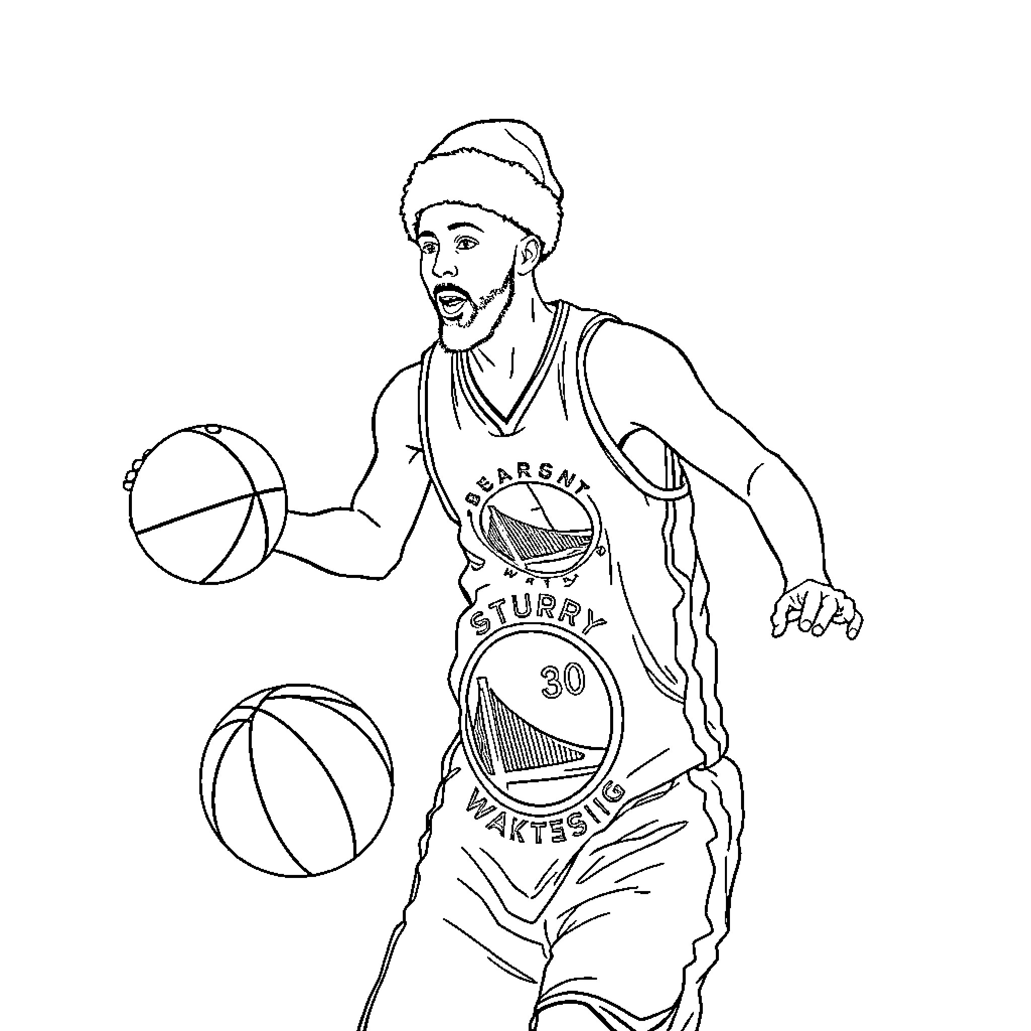 Stephy Curry basketball player in action Coloring Page (free black-and-white line drawing printable PDF for all, from beginners to advanced learners, including children, teens, adults, and seniors)