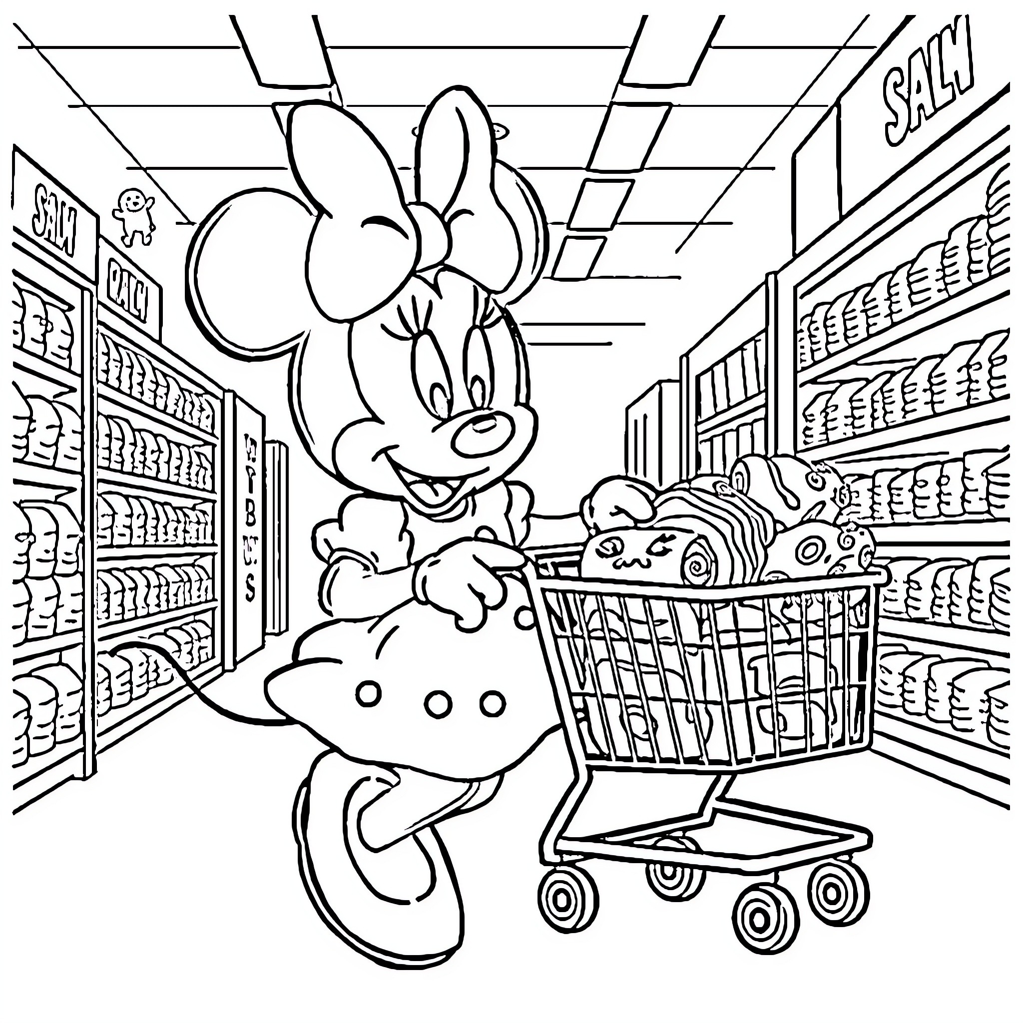 Minnie Mouse Shopping in the Grocery Store Coloring Page (free black-and-white line drawing printable PDF for all, from beginners to advanced learners, including children, teens, adults, and seniors)