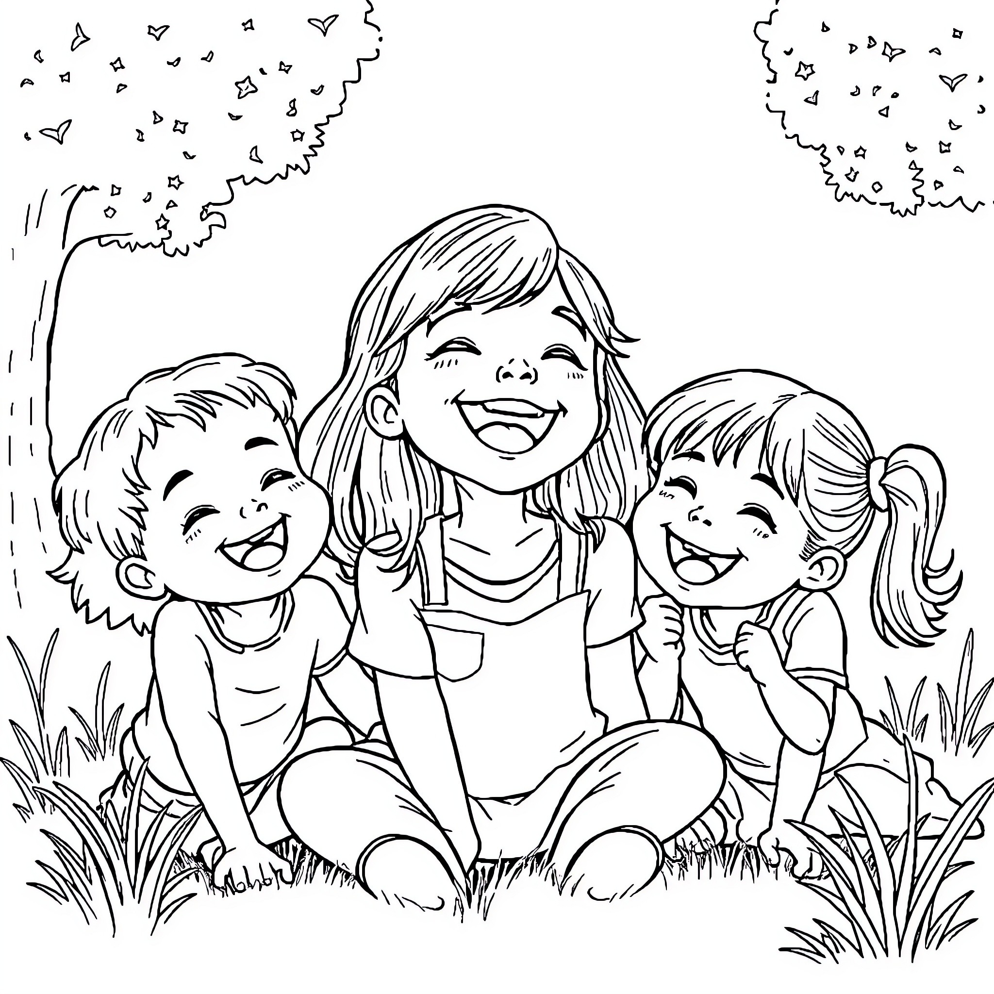 Cewek Enjoying Nature with Children Coloring Page (free black-and-white line drawing printable PDF for all, from beginners to advanced learners, including children, teens, adults, and seniors)