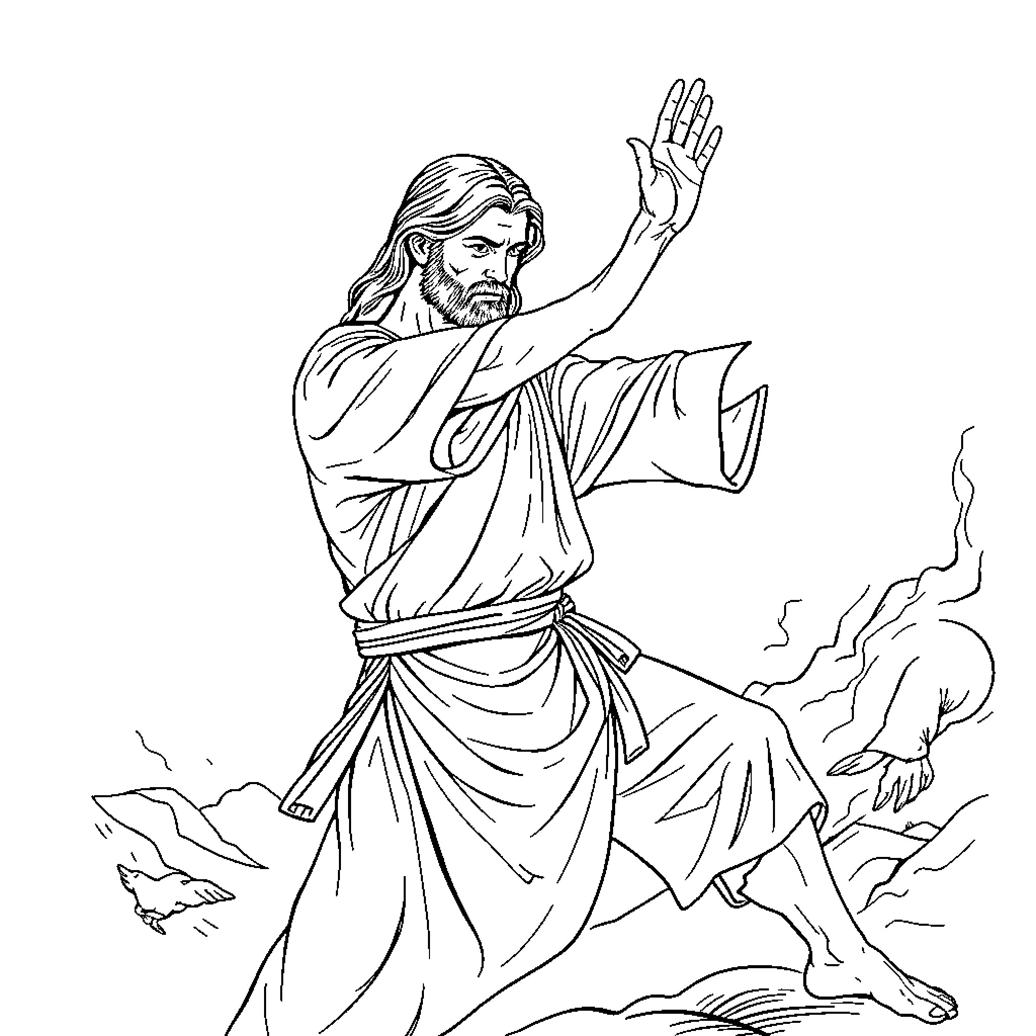 Jesus raising his hand with power and authority Coloring Page (free black-and-white line drawing printable PDF for all, from beginners to advanced learners, including children, teens, adults, and seniors)