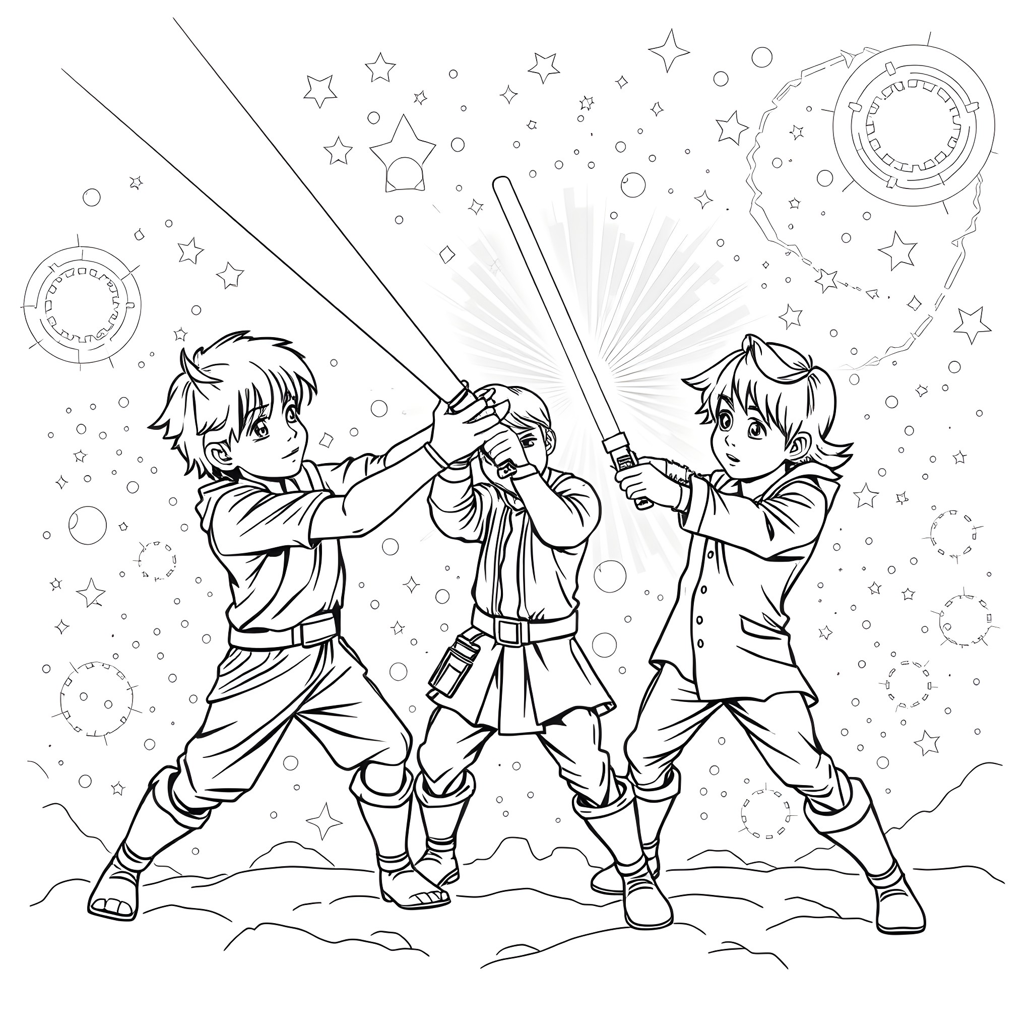Kids having lightsaber battle in space Coloring Page (free black-and-white line drawing printable PDF for all, from beginners to advanced learners, including children, teens, adults, and seniors)