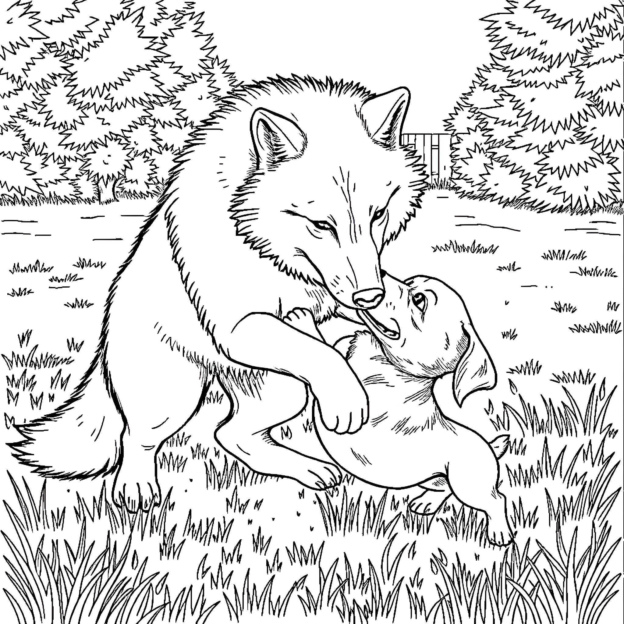 Wolf playing affectionately with pup in forest Coloring Page (free black-and-white line drawing printable PDF for all, from beginners to advanced learners, including children, teens, adults, and seniors)