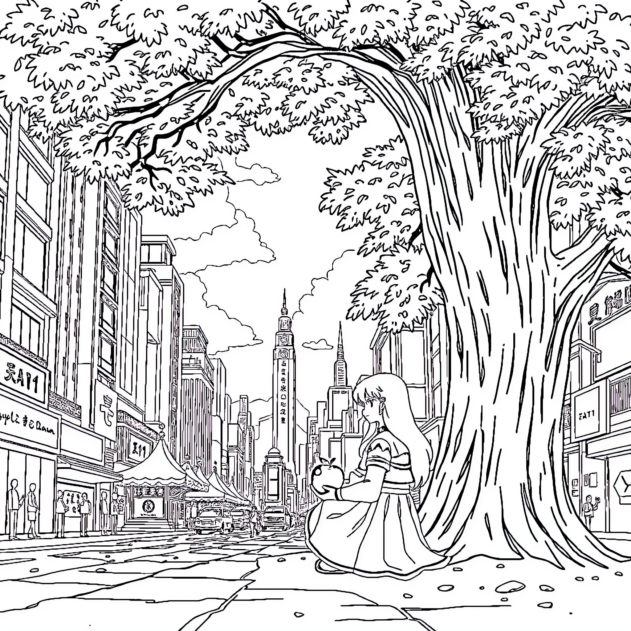 Inuyasha's Magical Journey through the City Coloring Page (free black-and-white line drawing printable PDF for all, from beginners to advanced learners, including children, teens, adults, and seniors)