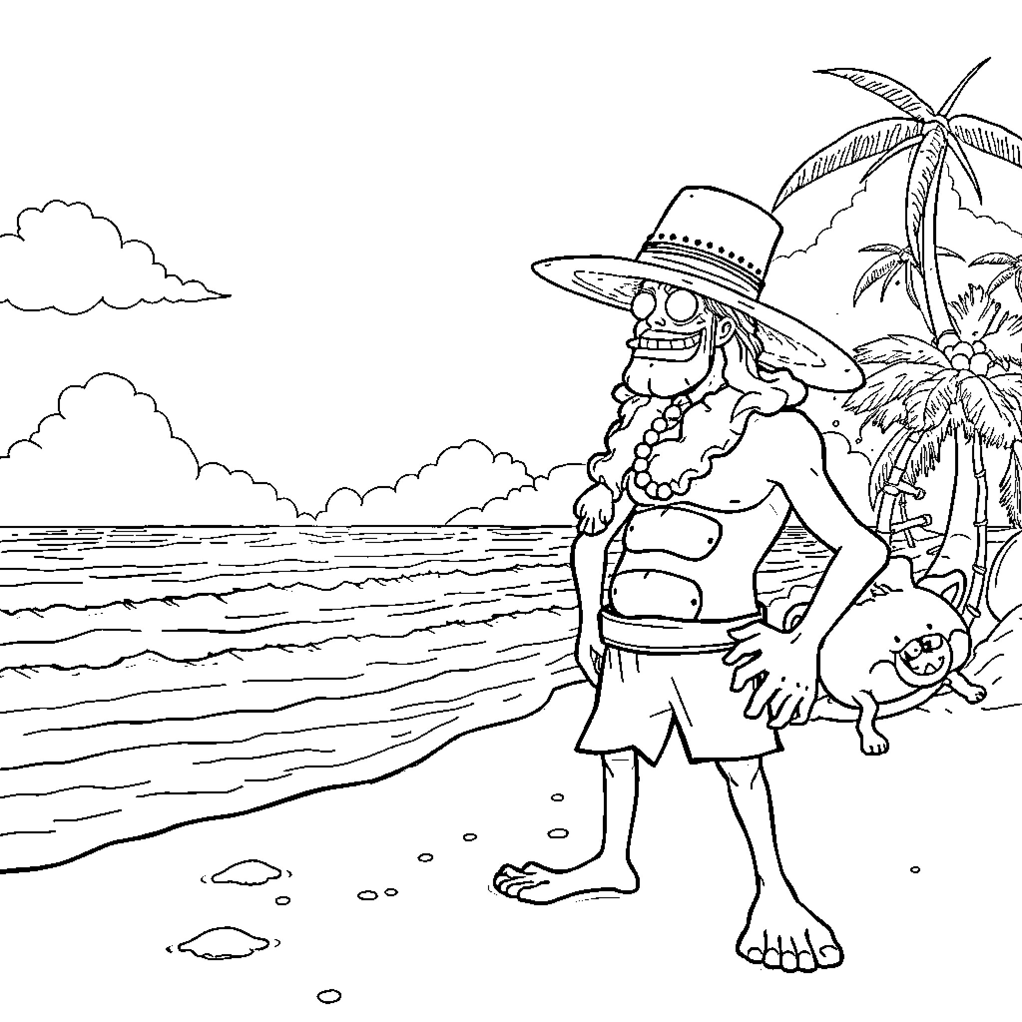Boa Hancock's Tropical Beach Adventure Coloring Page (free black-and-white line drawing printable PDF for all, from beginners to advanced learners, including children, teens, adults, and seniors)