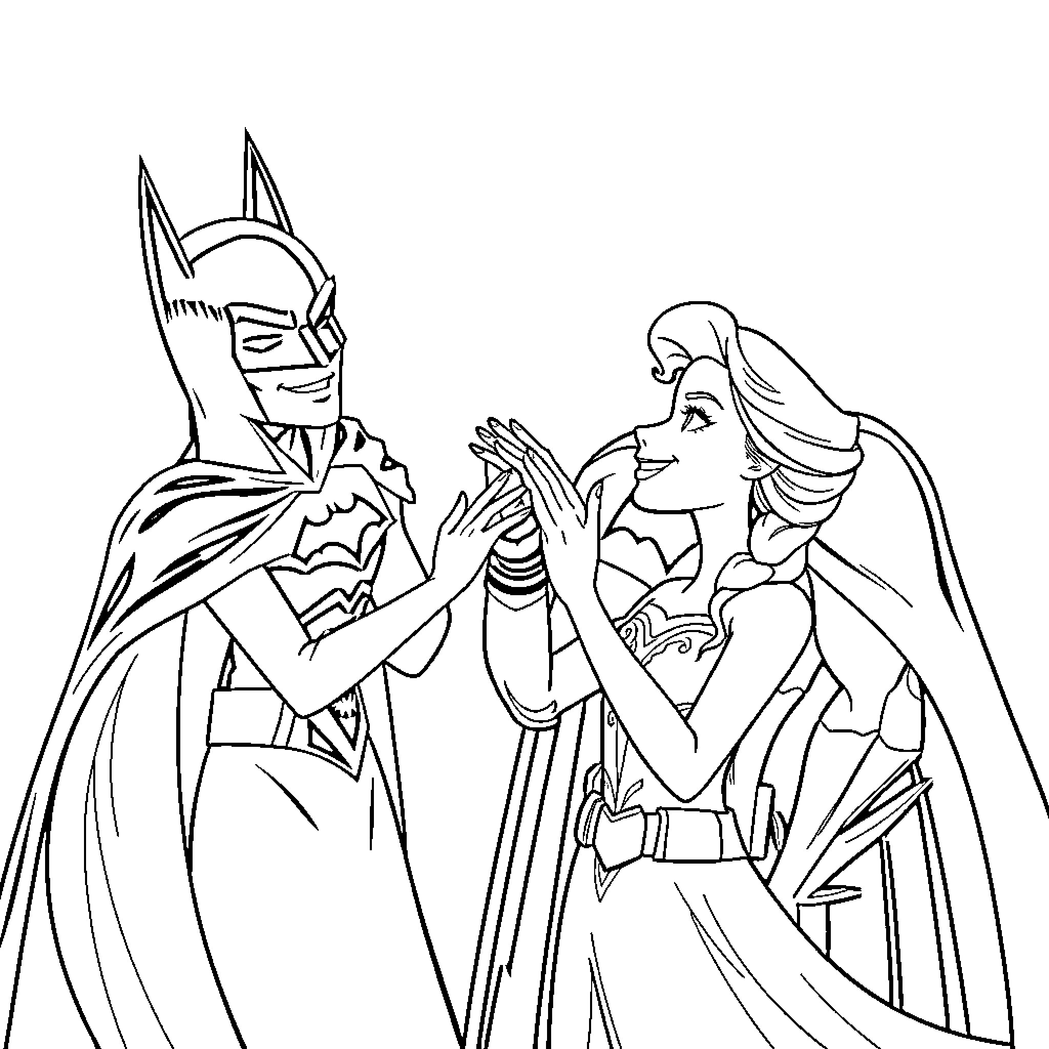 Elsa and Batman dancing together Coloring Page (free black-and-white line drawing printable PDF for all, from beginners to advanced learners, including children, teens, adults, and seniors)