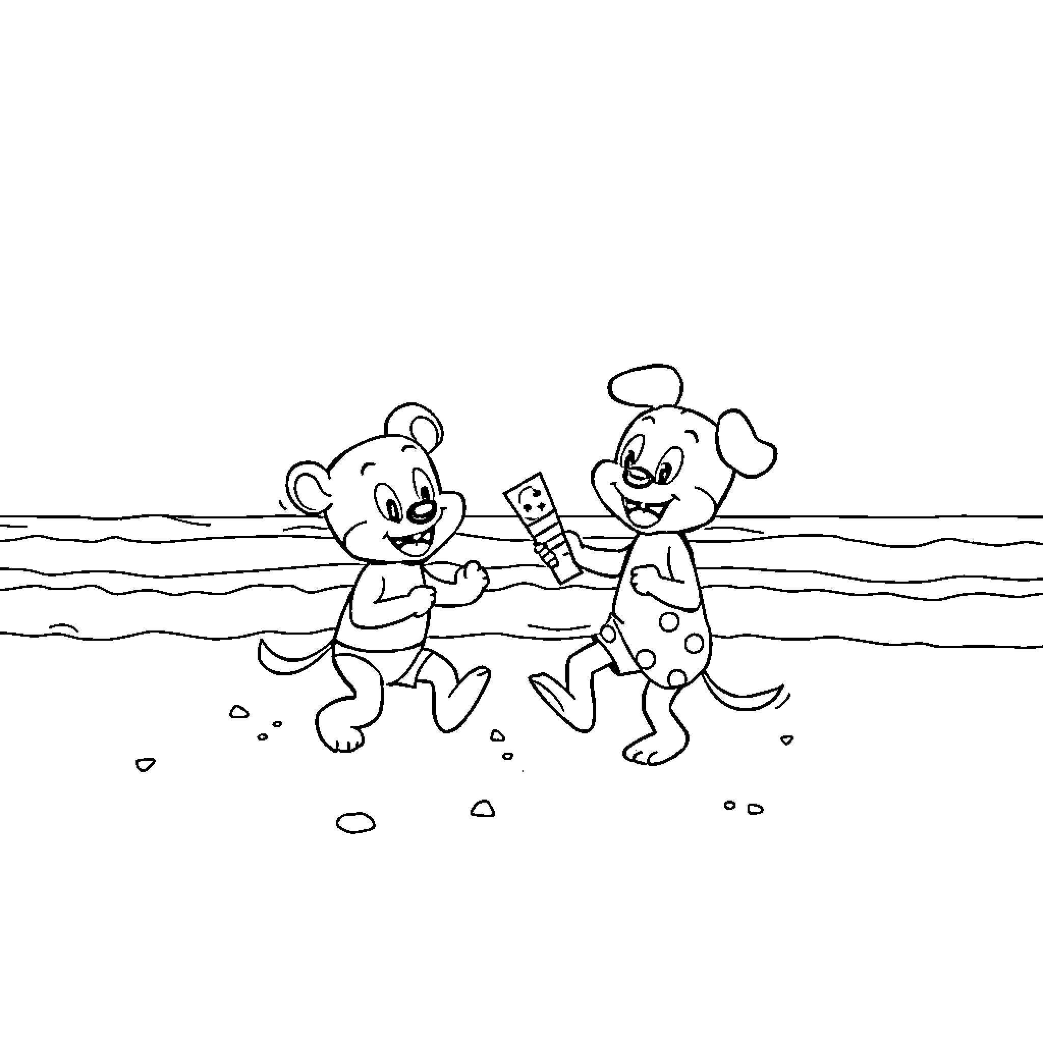 Bluey and friend playing on the beach Coloring Page (free black-and-white line drawing printable PDF for all, from beginners to advanced learners, including children, teens, adults, and seniors)